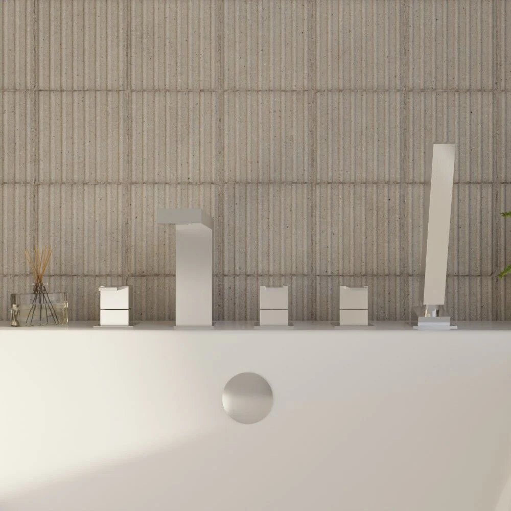 Deck Mount Square 5 Tap Hole Bath Shower Mixer Tap with Shower Kit - Chrome - Image 2