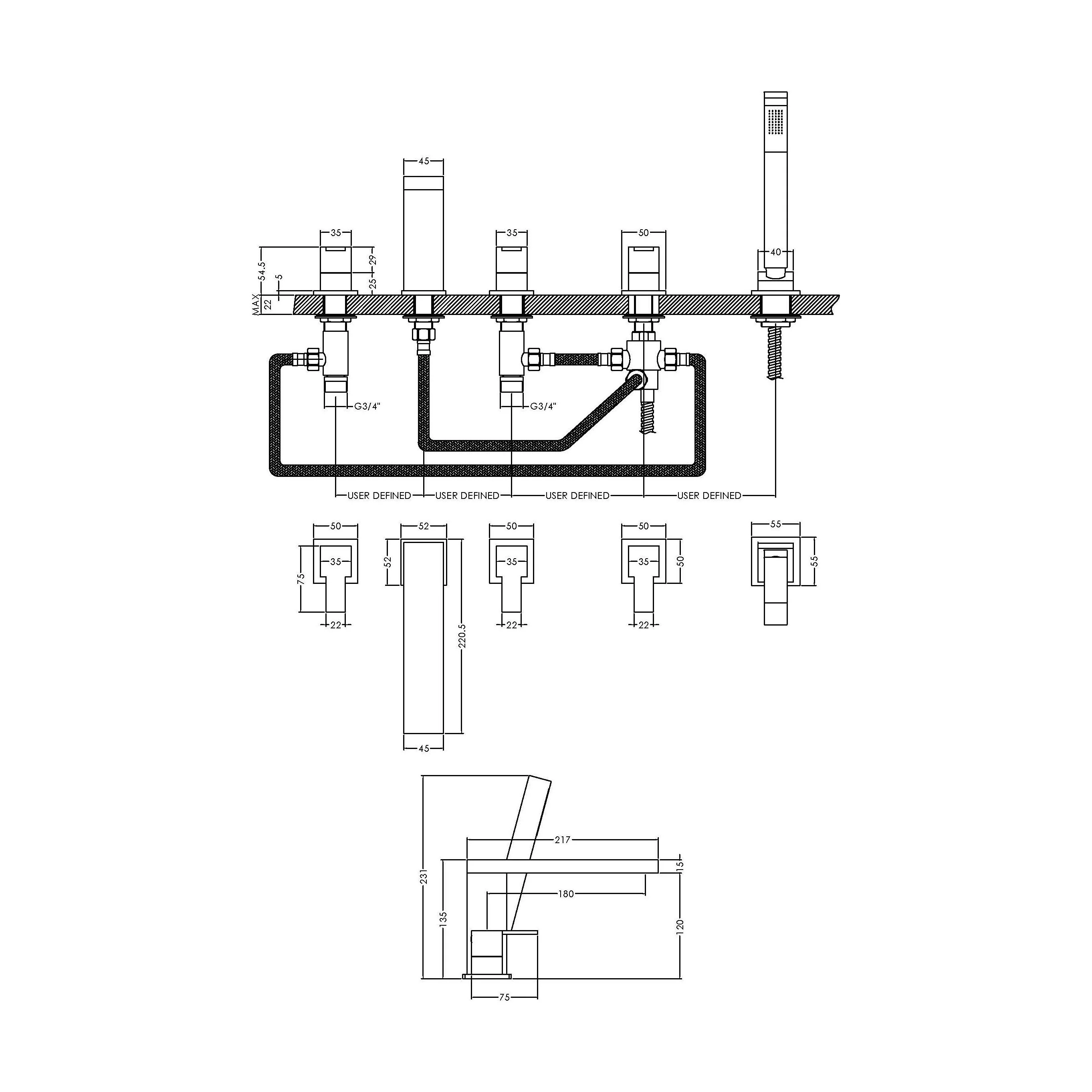 Deck Mount Square 5 Tap Hole Bath Shower Mixer Tap with Shower Kit - Chrome - Image 5