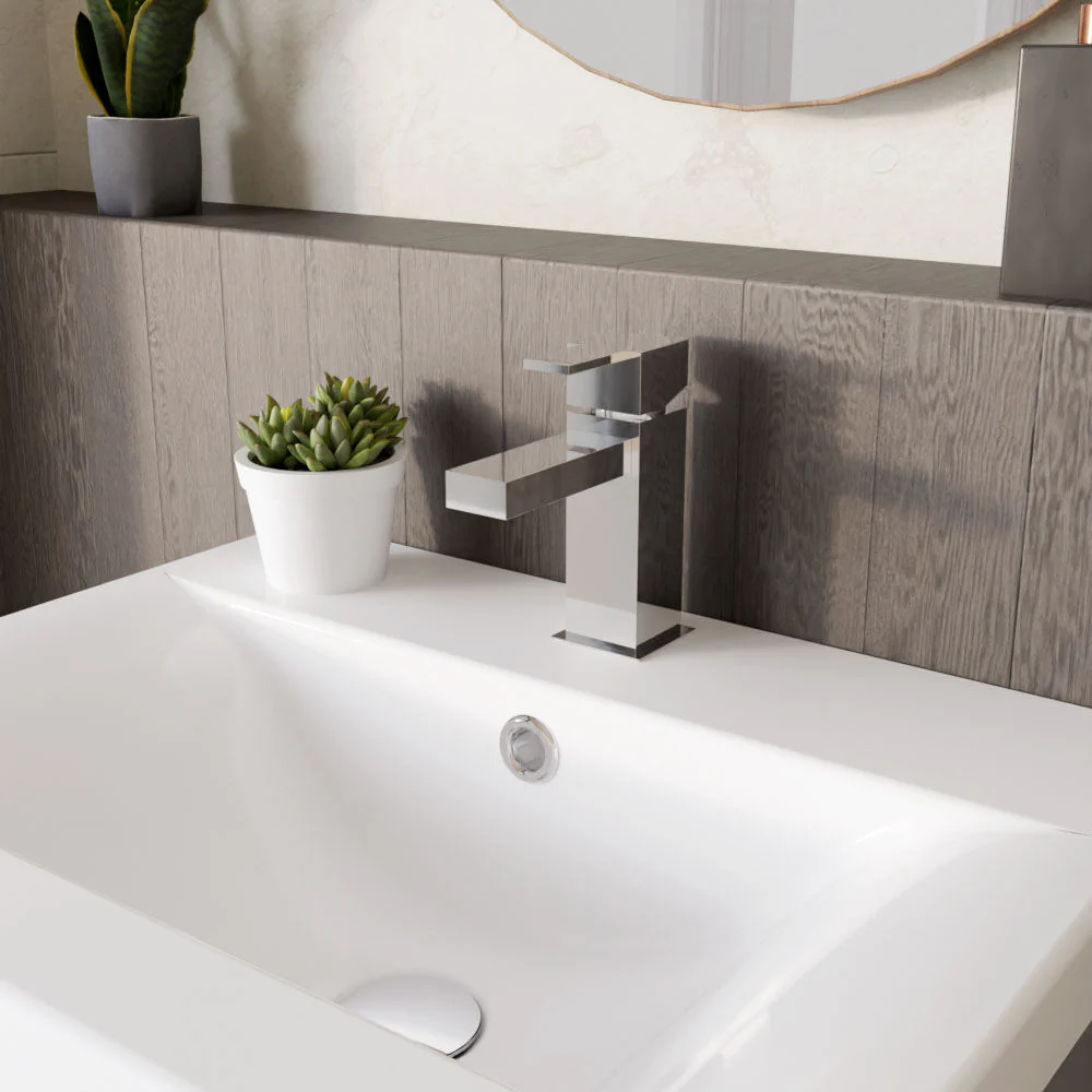 Square Mini Mono Basin Mixer Tap & Push Button Waste - Chrome - Image 4