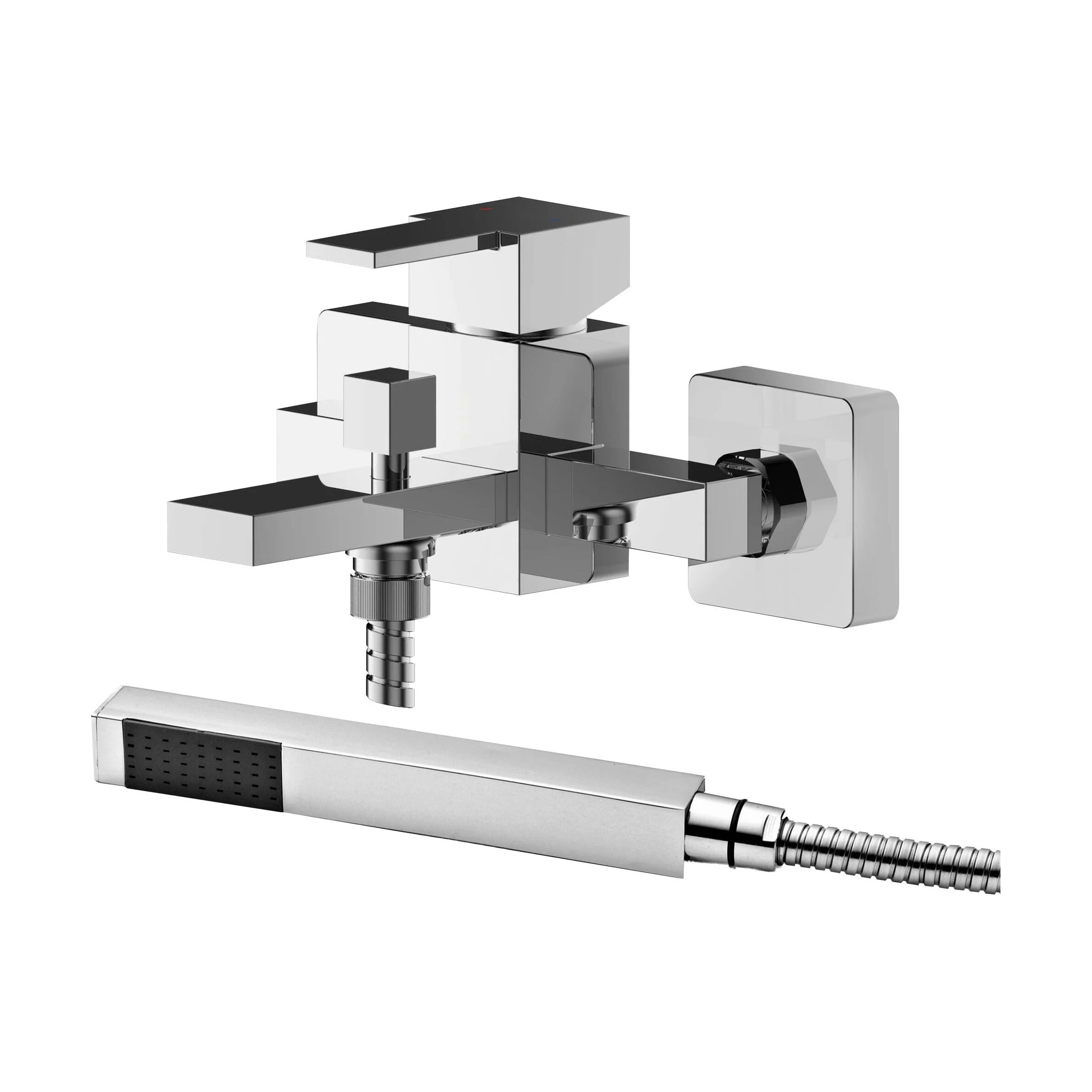 Wall Mount Square Bath Shower Mixer Tap with Shower Kit - Chrome