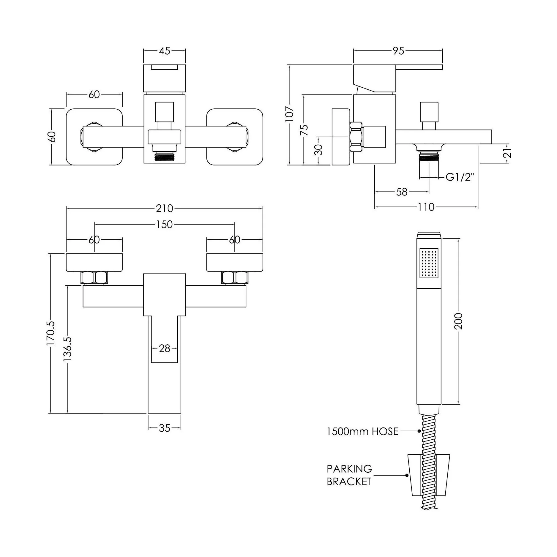 Wall Mount Square Bath Shower Mixer Tap with Shower Kit - Chrome - Image 5