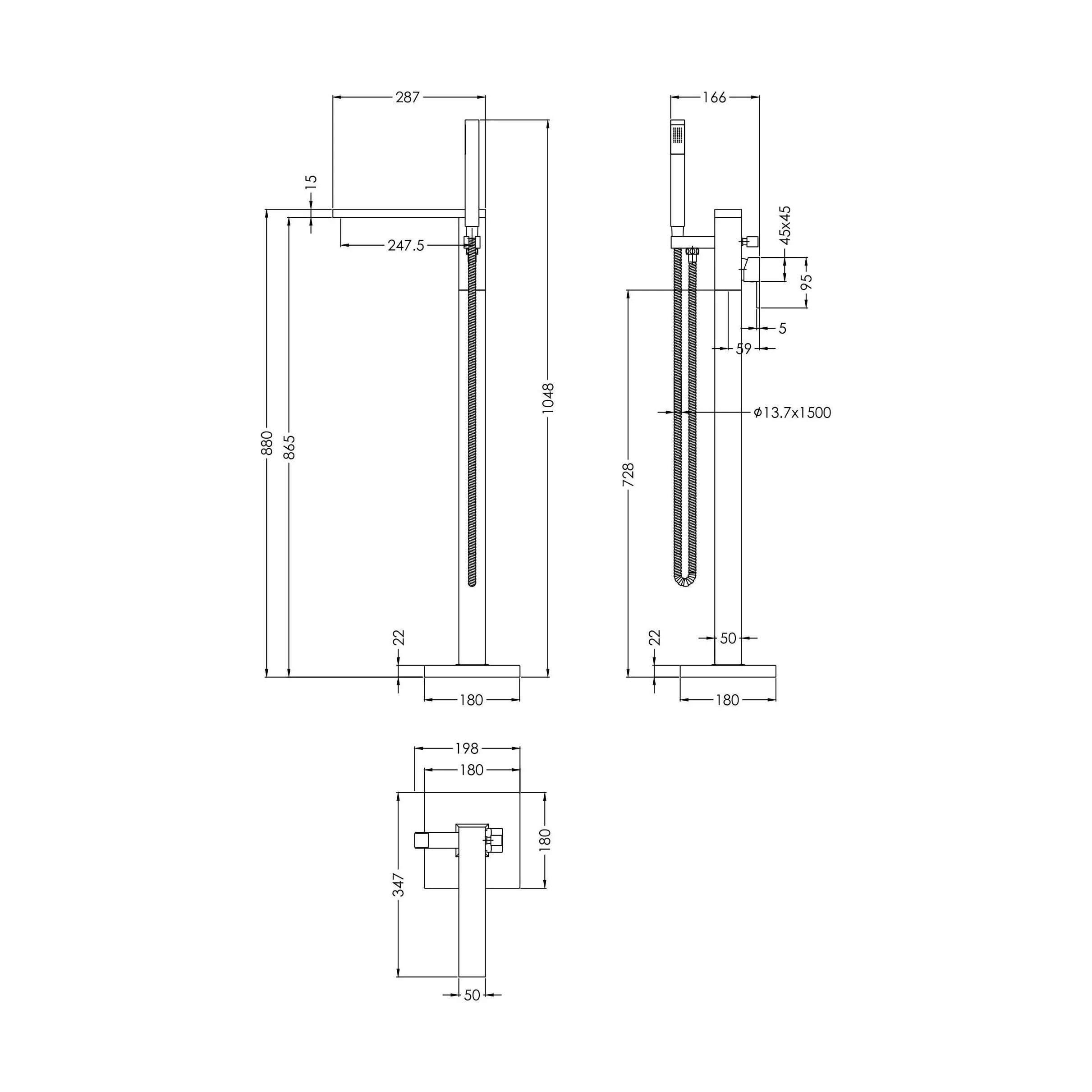 Freestanding Square Bath Shower Mixer Tap - Chrome - Image 5