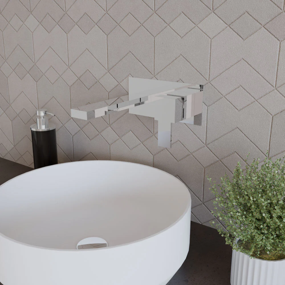 Square Wall Mount 2 Tap Hole Basin Mixer Tap & Back Plate - Chrome - Image 4
