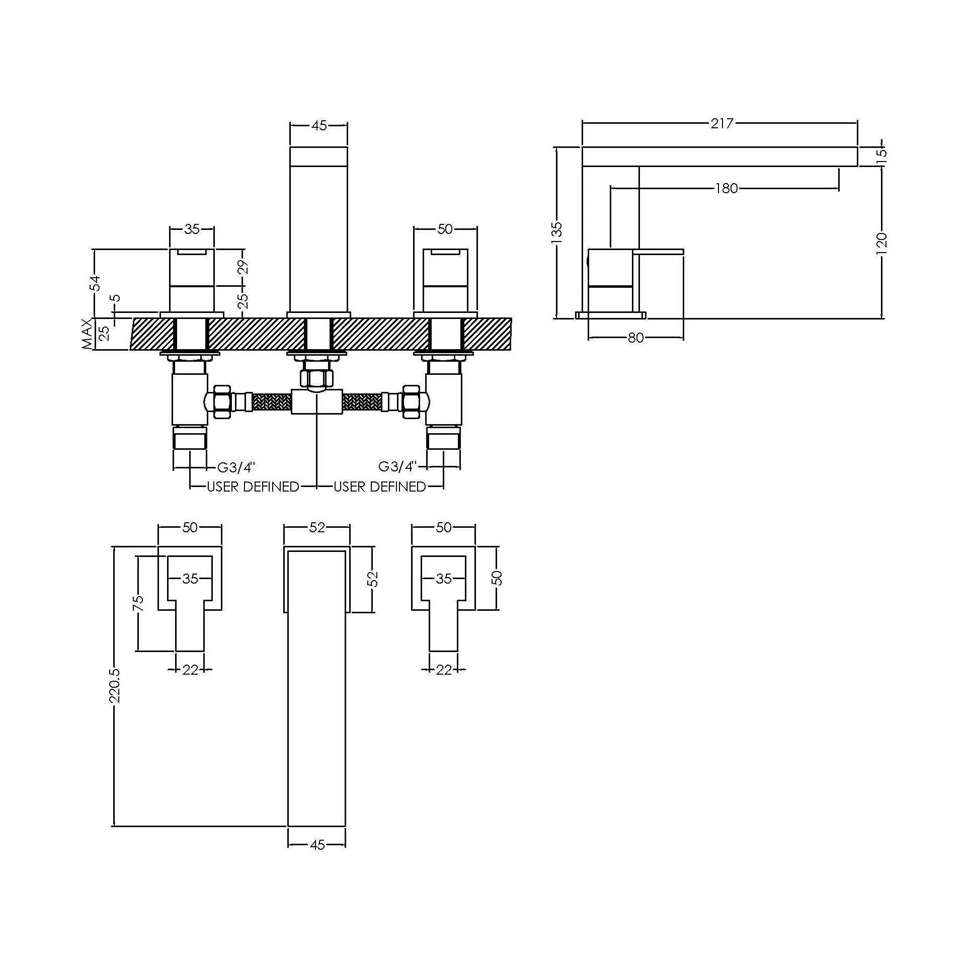 Square Deck 3 Mounted Tap Hole Bath Filler Tap - Chrome - Image 2