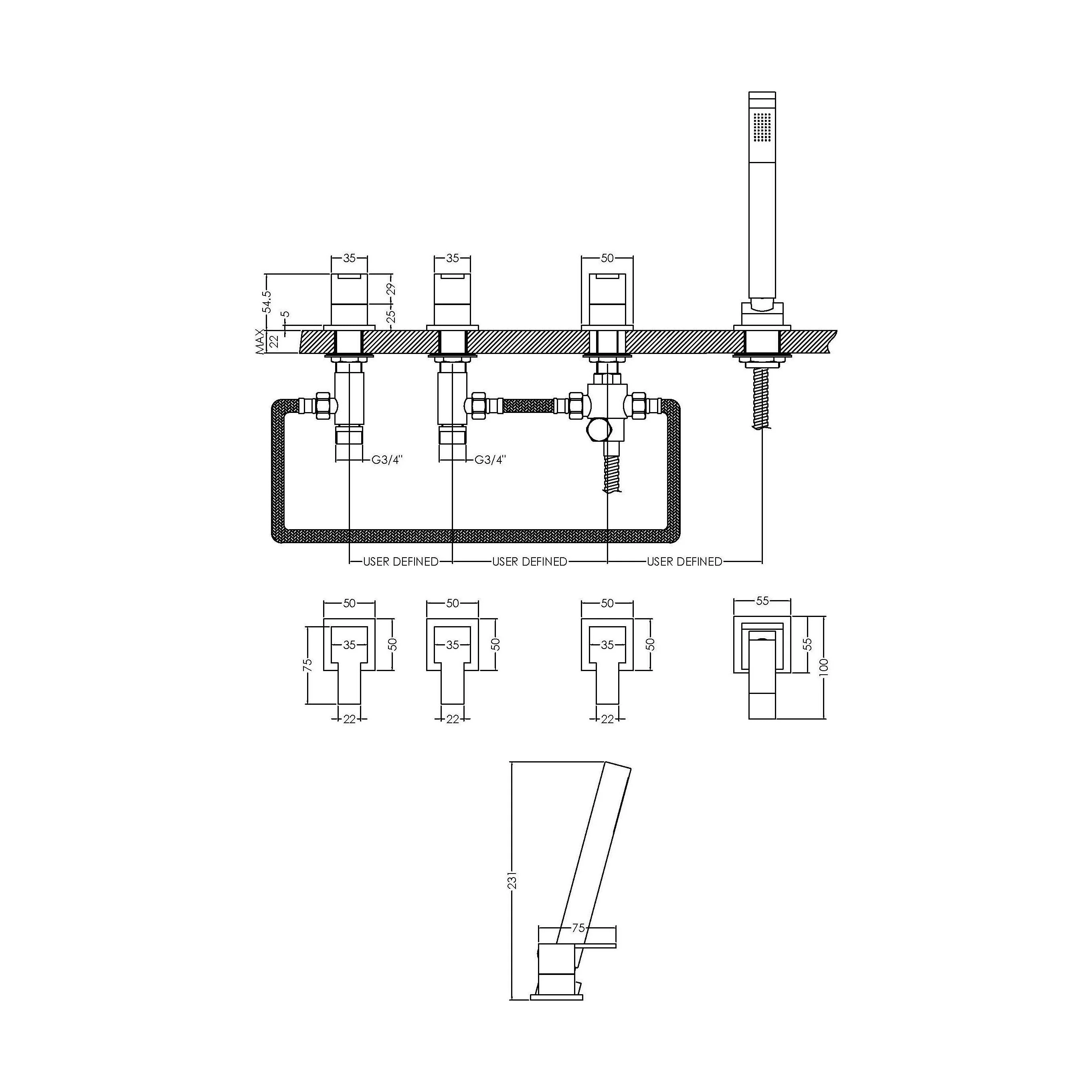 Deck Mount Square 4 Tap Hole Bath Shower Mixer Tap with Kit  Chrome - Image 5