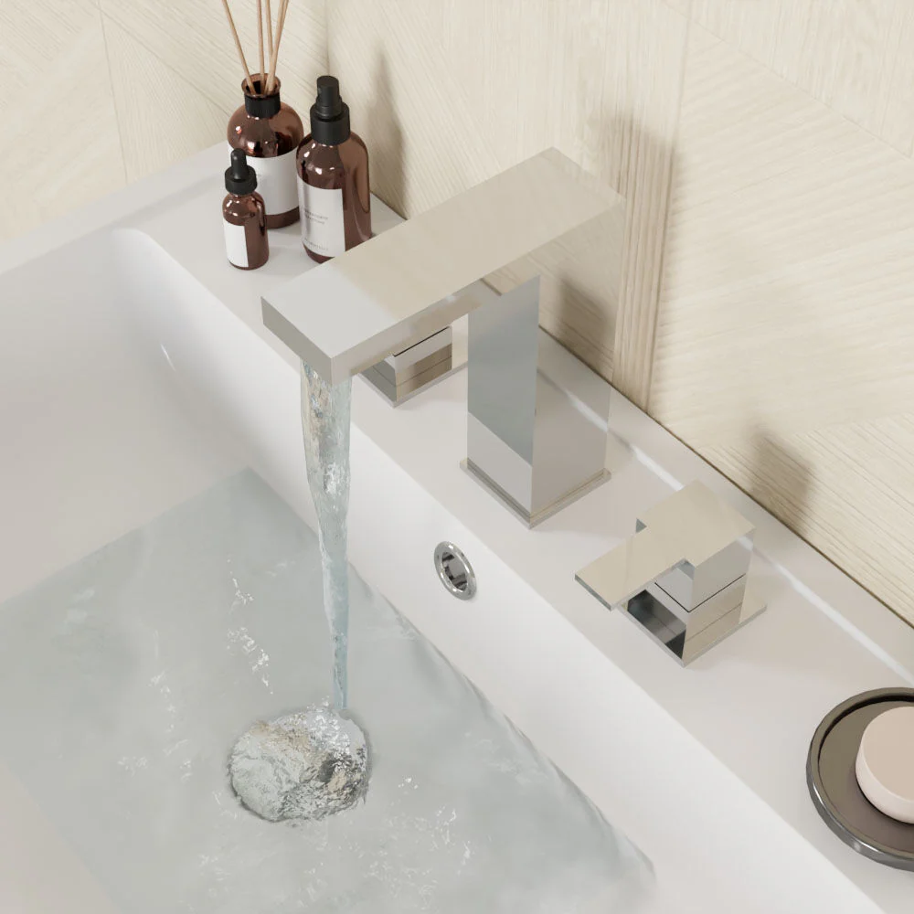 Square Deck 3 Tap Hole Basin Mixer Tap & Pop Up Waste - Chrome - Image 3
