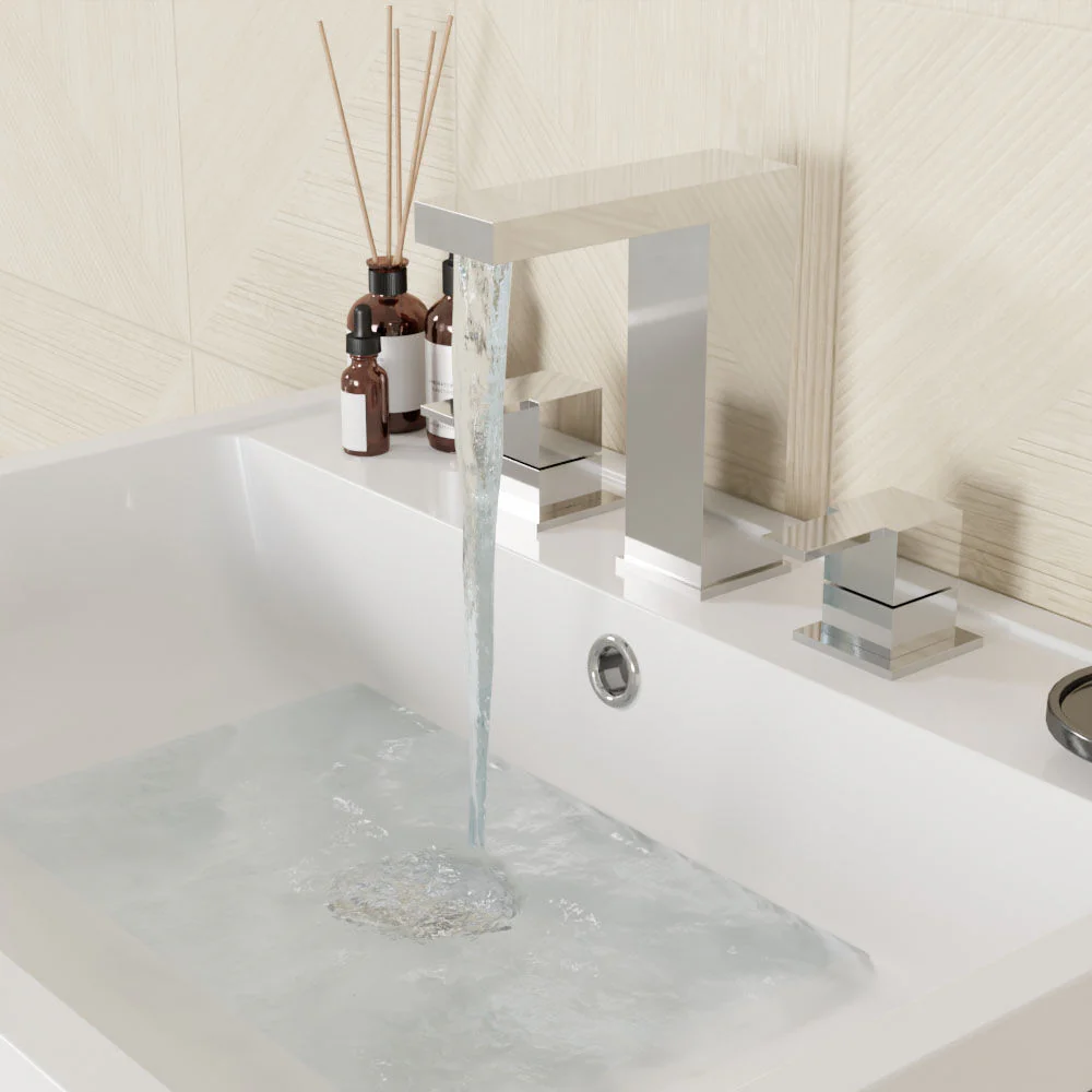 Square Deck 3 Tap Hole Basin Mixer Tap & Pop Up Waste - Chrome - Image 4
