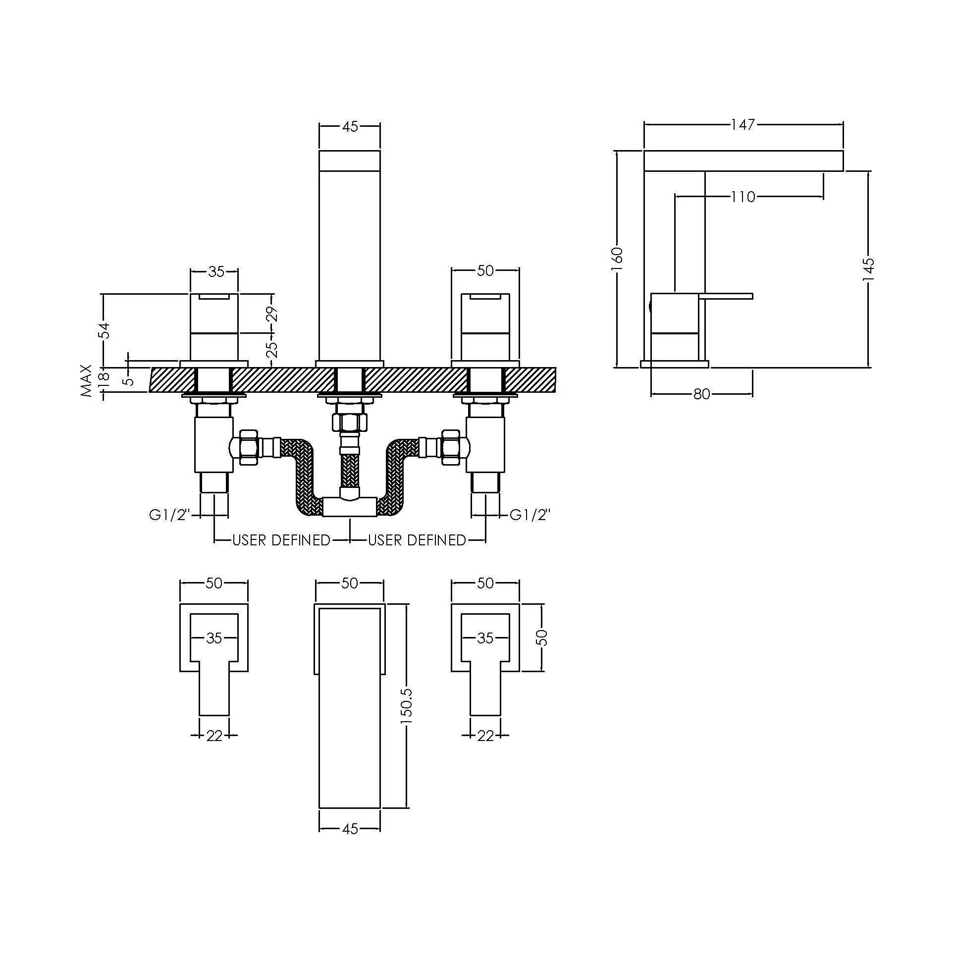 Square Deck 3 Tap Hole Basin Mixer Tap & Pop Up Waste - Chrome - Image 5
