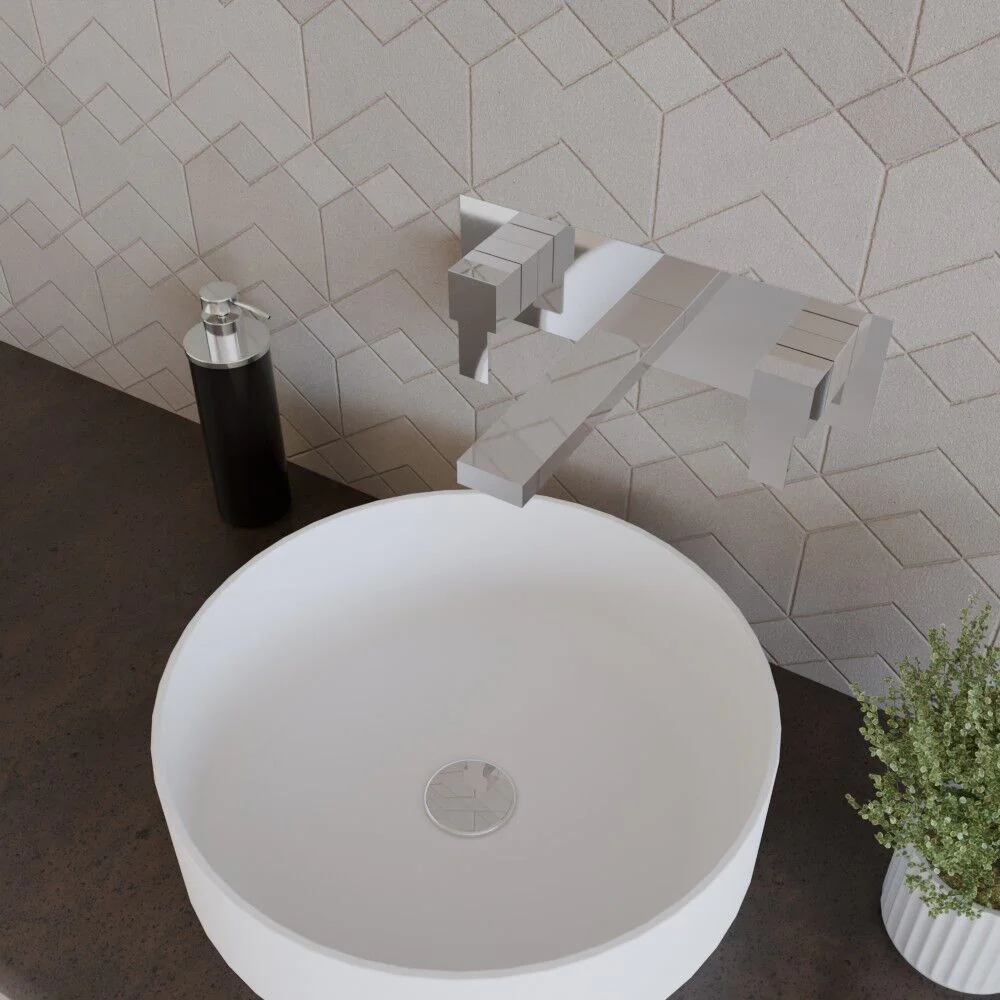 Square Wall Mount 3 Tap Hole Basin Mixer Tap & Back Plate - Chrome - Image 3