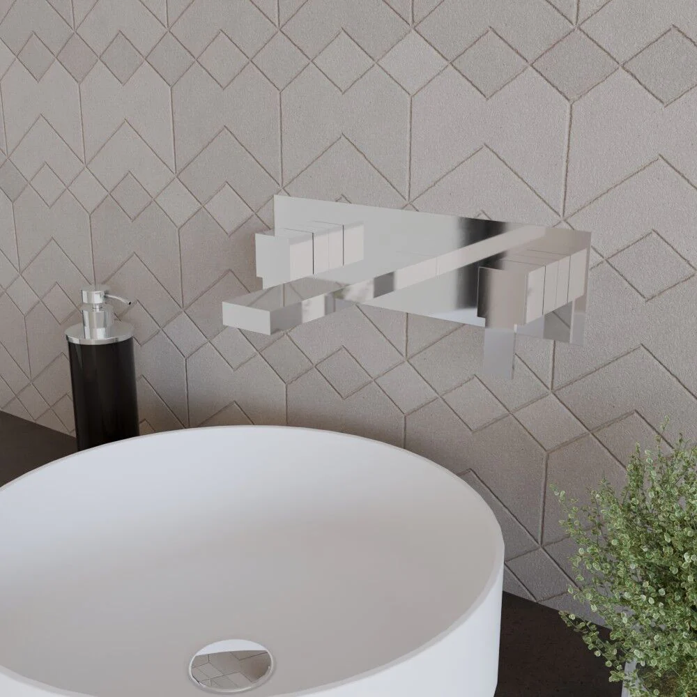 Square Wall Mount 3 Tap Hole Basin Mixer Tap & Back Plate - Chrome - Image 4