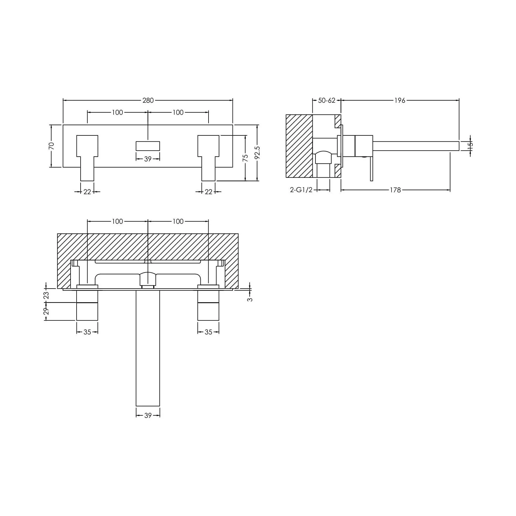Square Wall Mount 3 Tap Hole Basin Mixer Tap & Back Plate - Chrome - Image 5