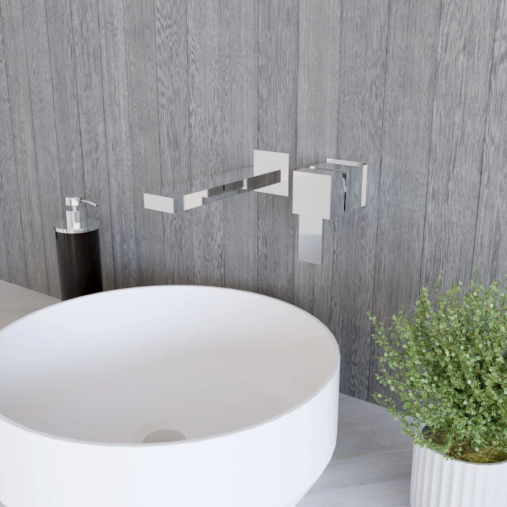 Contemporary Square Wall Mount 2 Tap Hole Basin Mixer Tap - Chrome - Image 4