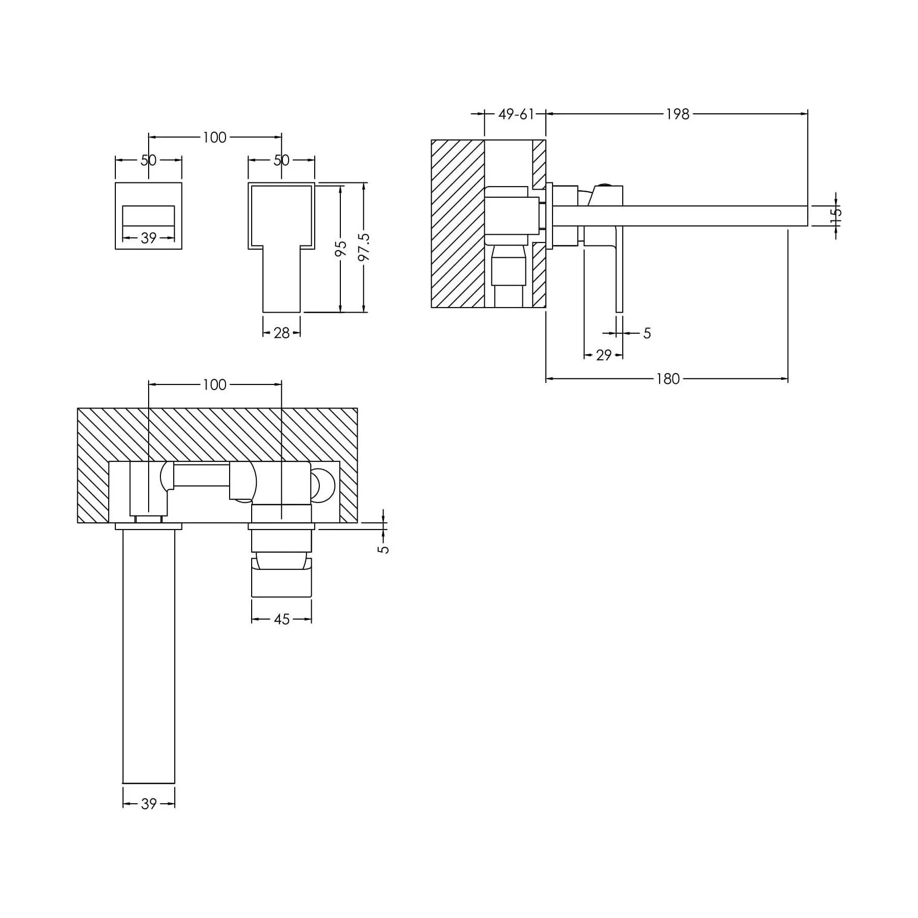 Contemporary Square Wall Mount 2 Tap Hole Basin Mixer Tap - Chrome - Image 5