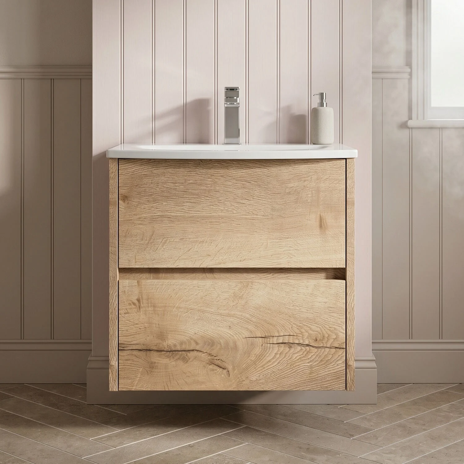 Chartley Contemporary 2 Drawer Wall Hung Vanity Unit with Curved Basin, Autumn Oak, 500mm