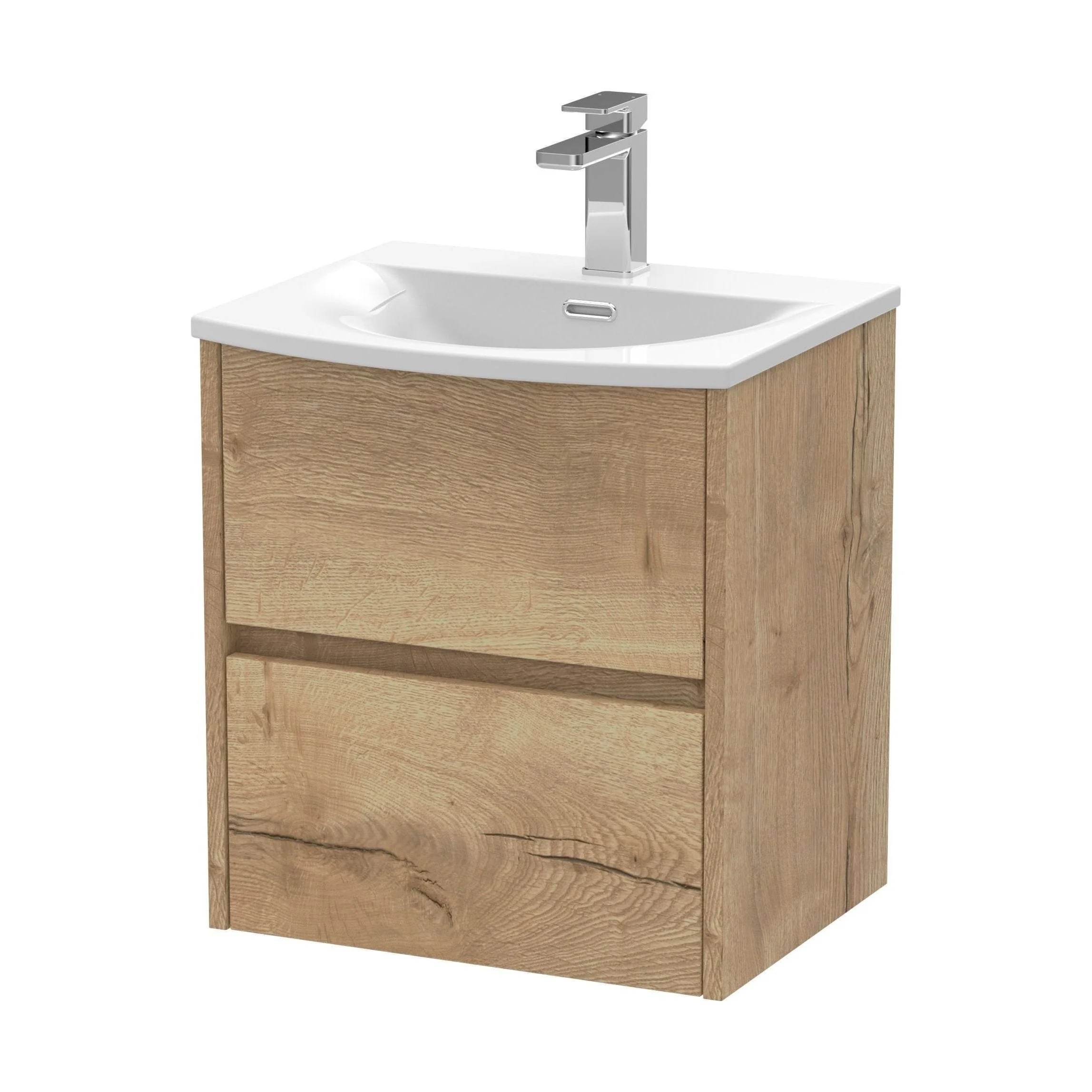 Chartley Contemporary 2 Drawer Wall Hung Vanity Unit with Curved Basin, Autumn Oak, 500mm - Image 2