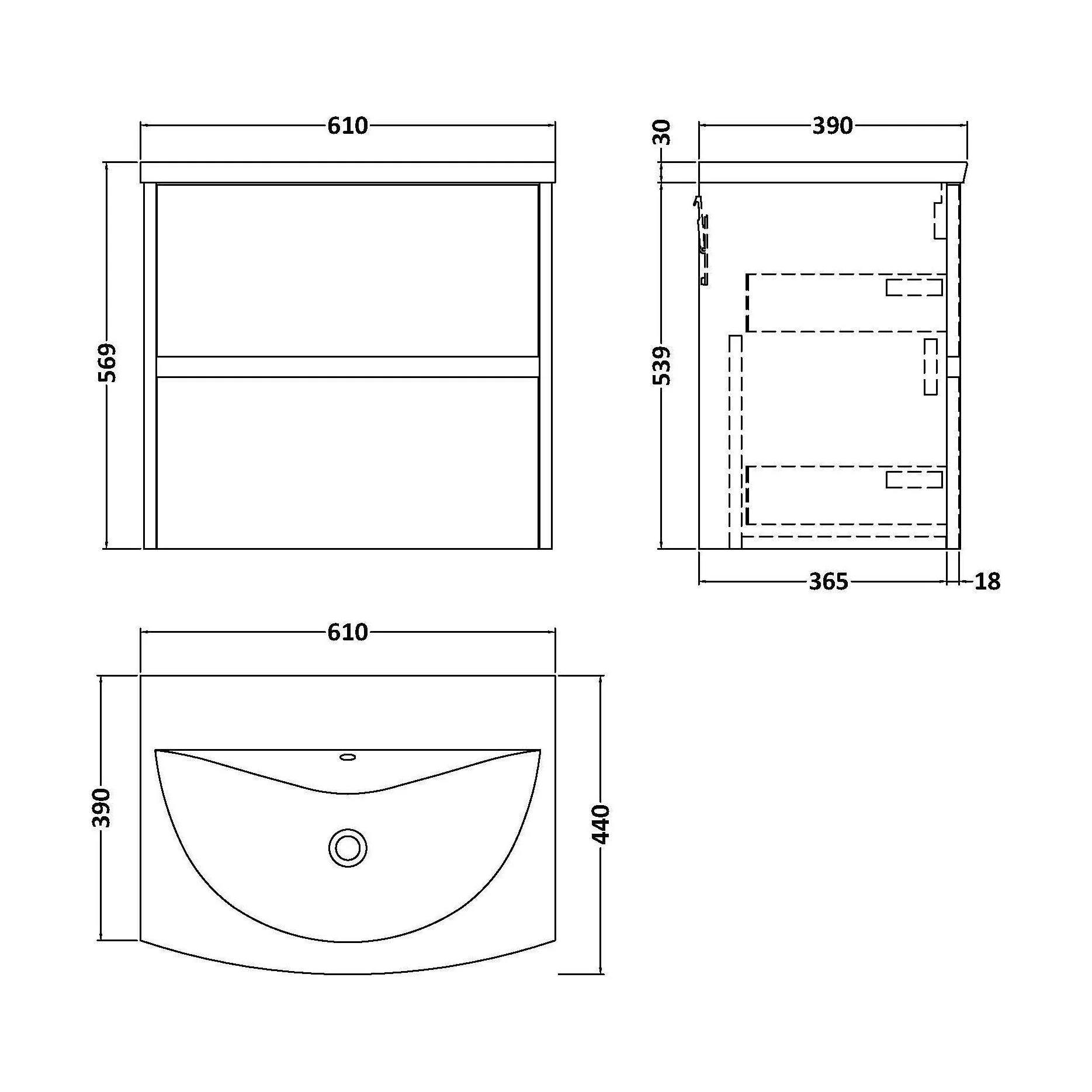 Chartley Contemporary 2 Drawer Wall Hung Vanity Unit with Curved Basin, Autumn Oak, 600mm - Image 3
