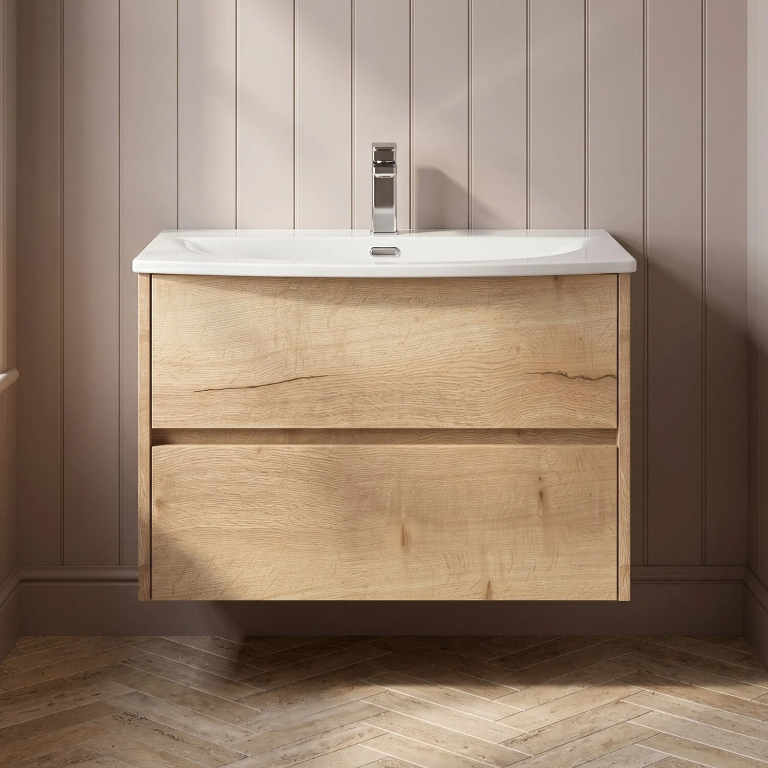 Chartley Contemporary 2 Drawer Wall Hung Vanity Unit with Curved Basin, Autumn Oak, 800mm