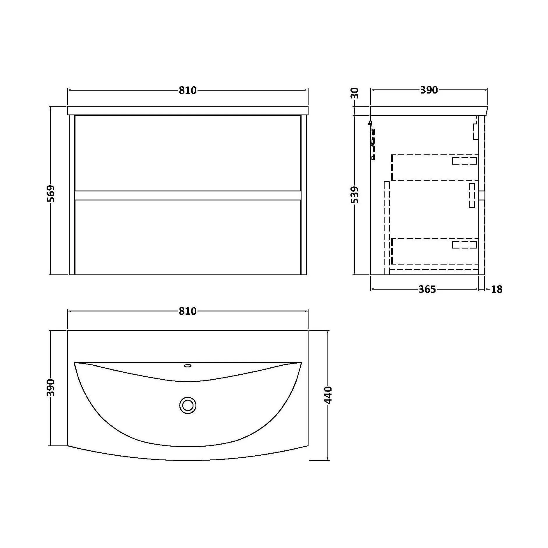 Chartley Contemporary 2 Drawer Wall Hung Vanity Unit with Curved Basin, Autumn Oak, 800mm - Image 3