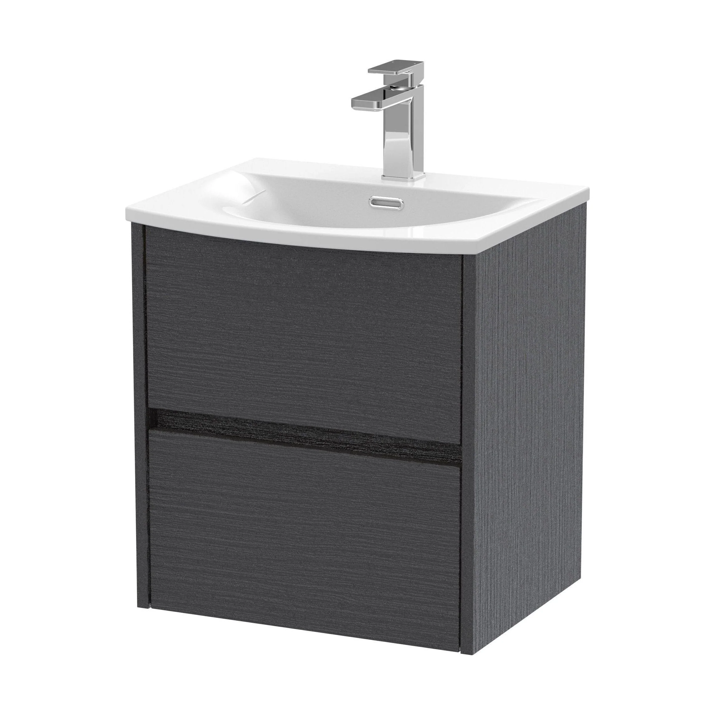 Chartley Contemporary 2 Drawer Wall Hung Vanity Unit with Curved Basin, Graphite Grey Woodgrain, 500mm