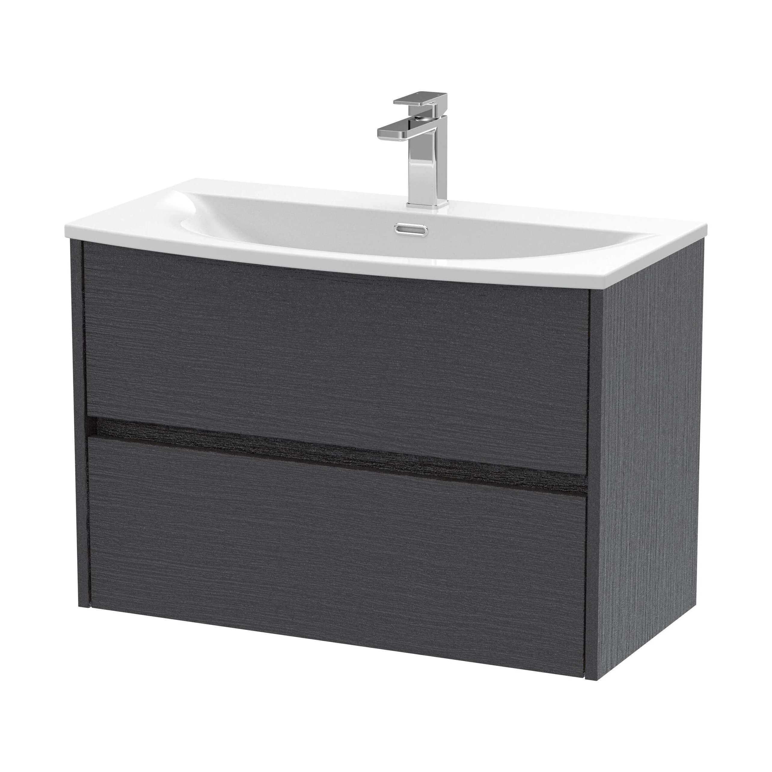 Chartley Contemporary 2 Drawer Wall Hung Vanity Unit with Curved Basin, Graphite Grey Woodgrain, 800mm