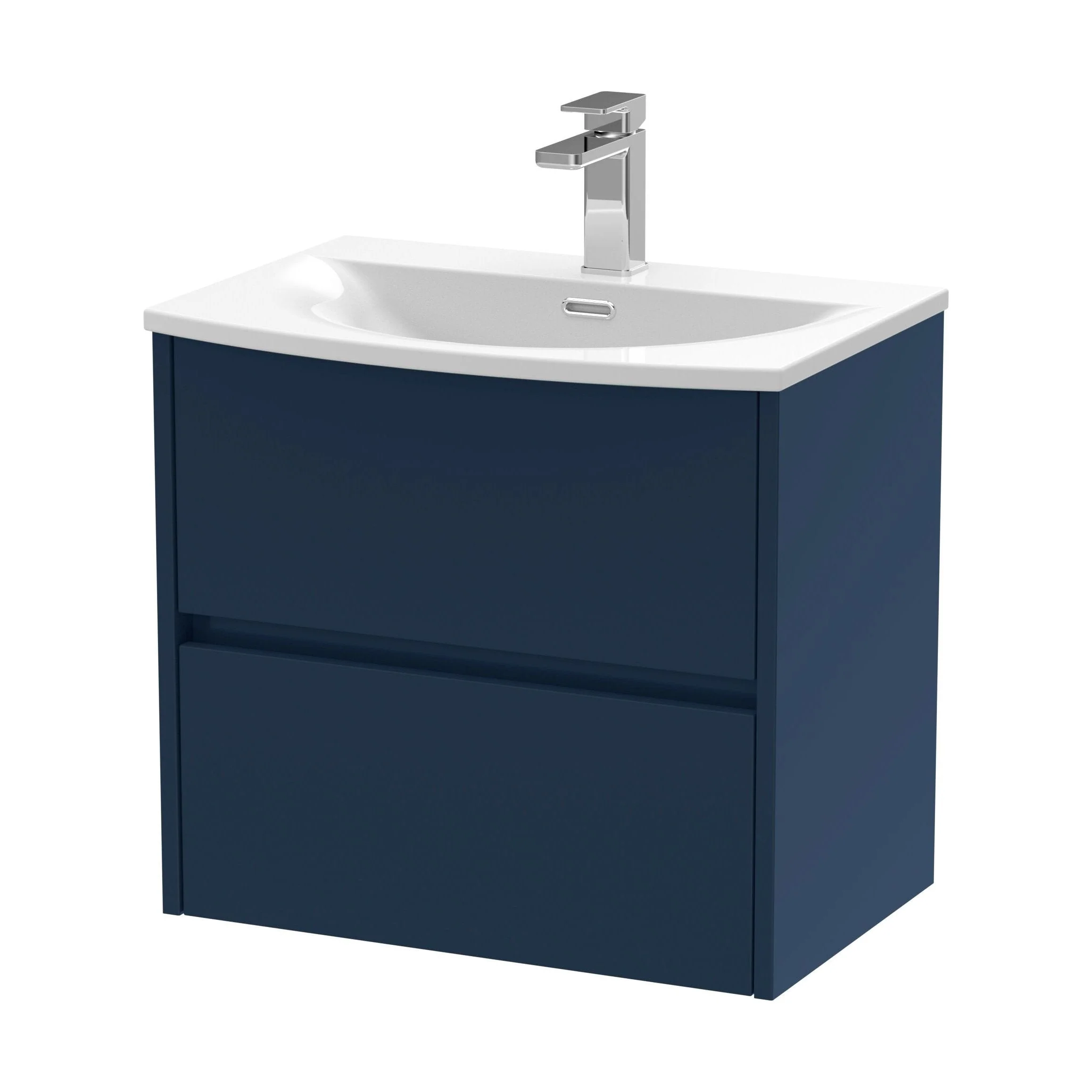 Chartley Contemporary 2 Drawer Wall Hung Vanity Unit with Curved Basin, Midnight Blue, 600mm