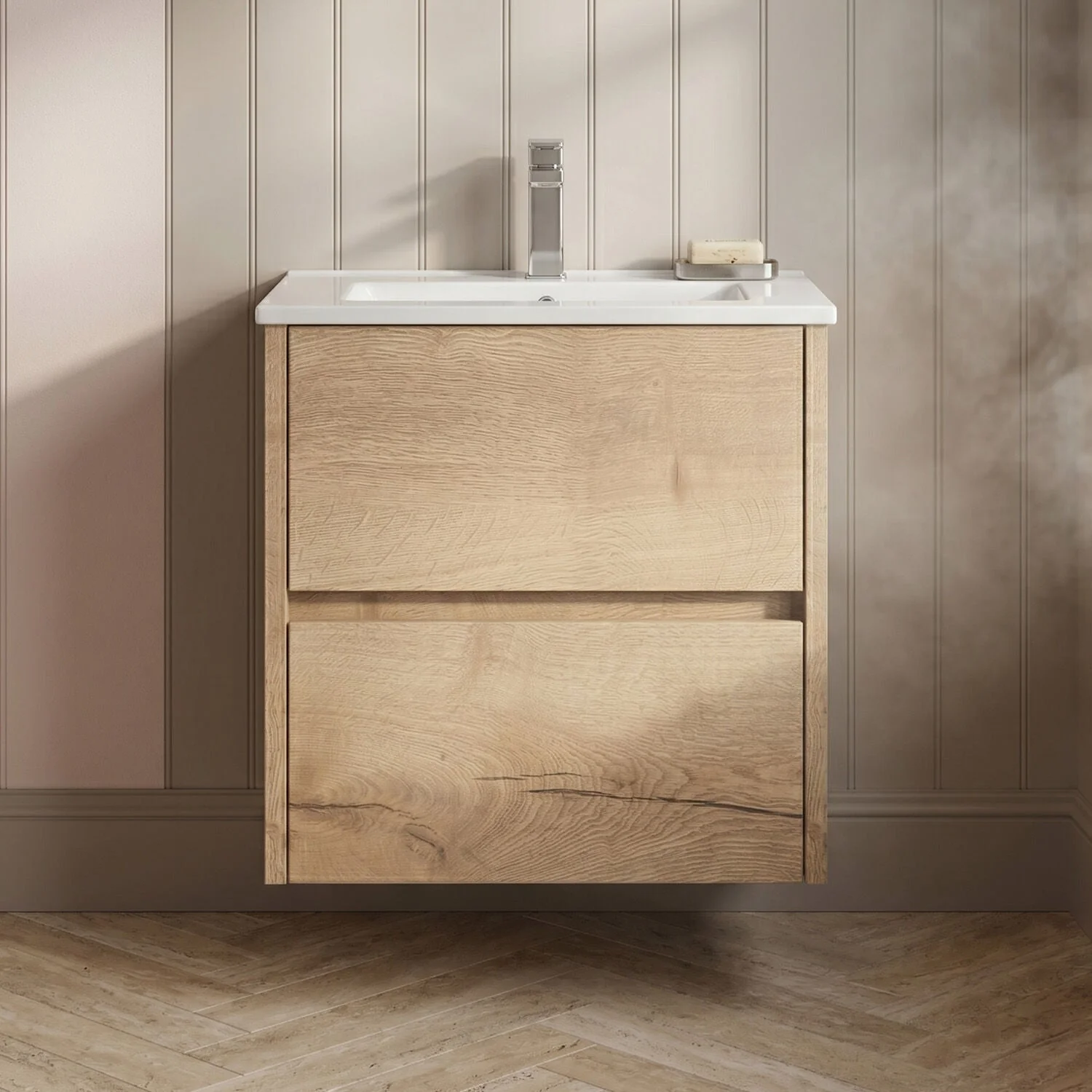 Chartley Contemporary 2 Drawer Wall Hung Vanity Unit with Minimalist Basin, Autumn Oak, 500mm
