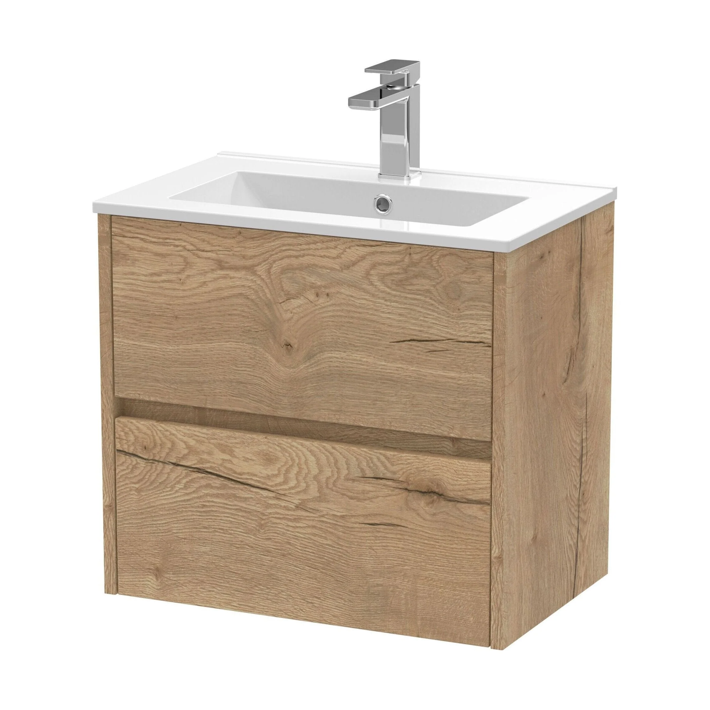 Chartley Contemporary 2 Drawer Wall Hung Vanity Unit with Minimalist Basin, Autumn Oak, 600mm