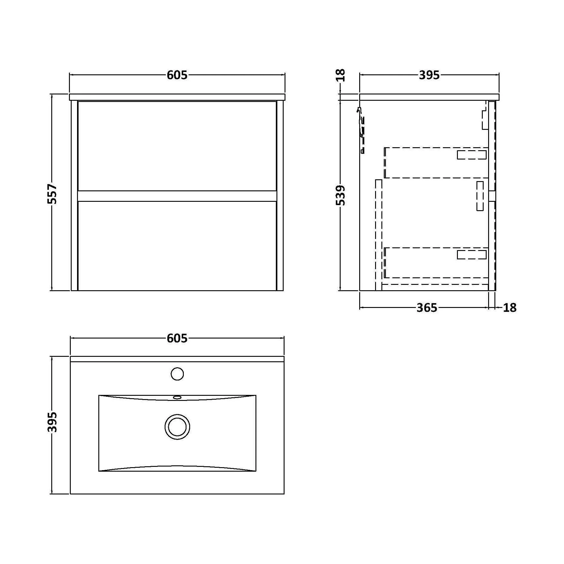 Chartley Contemporary 2 Drawer Wall Hung Vanity Unit with Minimalist Basin, Autumn Oak, 600mm - Image 2