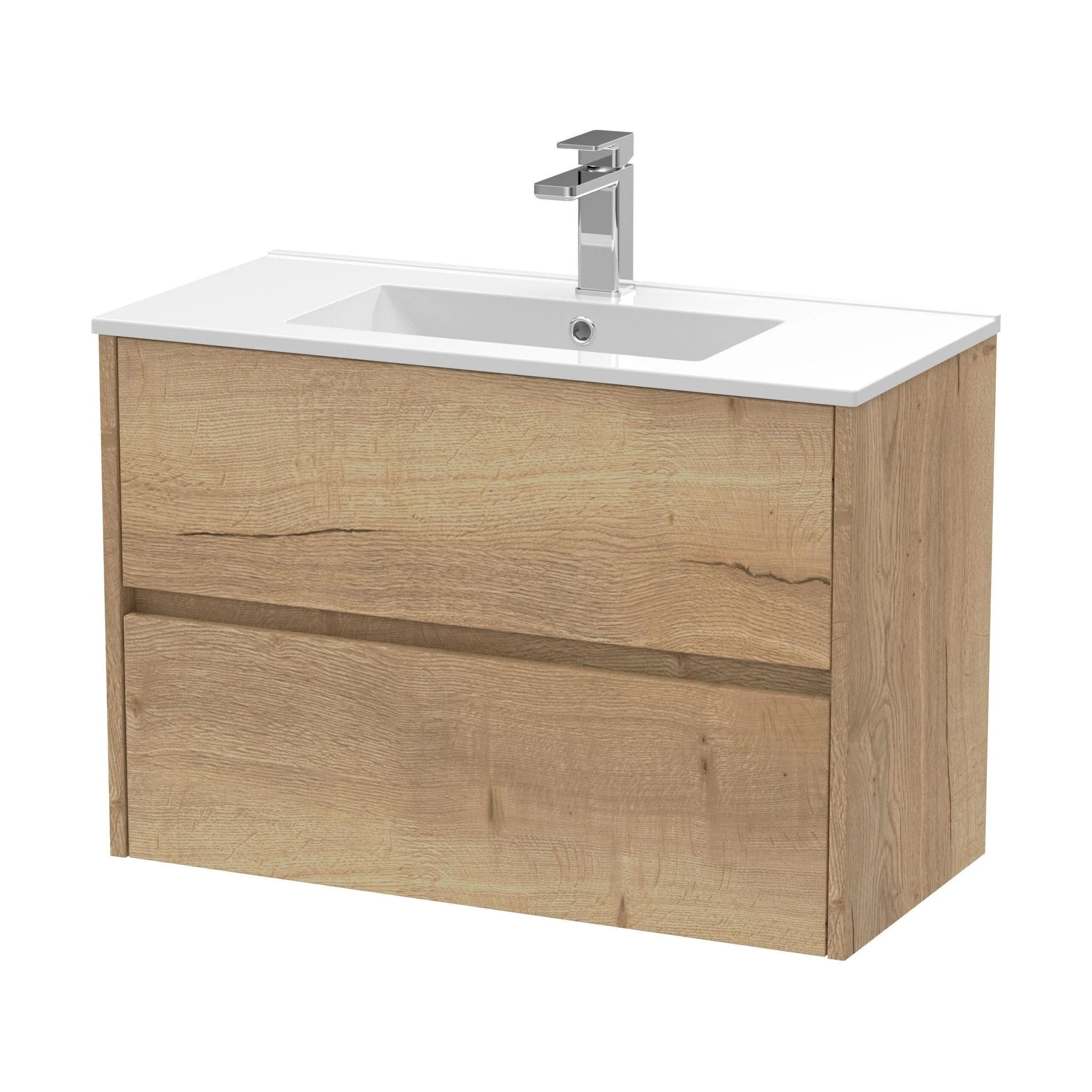 Chartley Contemporary 2 Drawer Wall Hung Vanity Unit with Minimalist Basin, Autumn Oak, 800mm