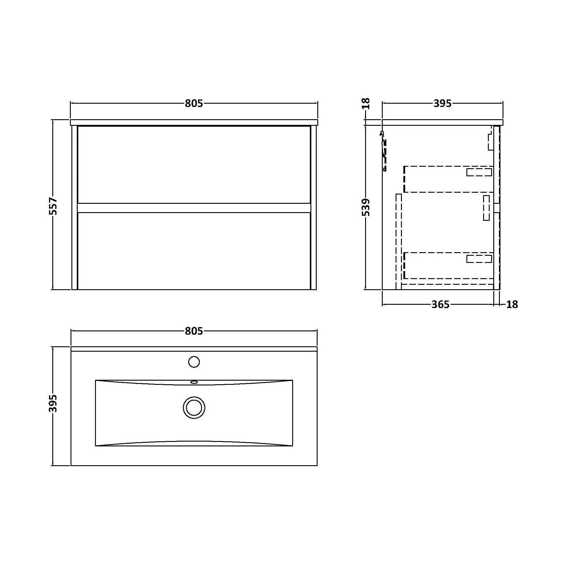 Chartley Contemporary 2 Drawer Wall Hung Vanity Unit with Minimalist Basin, Autumn Oak, 800mm - Image 2