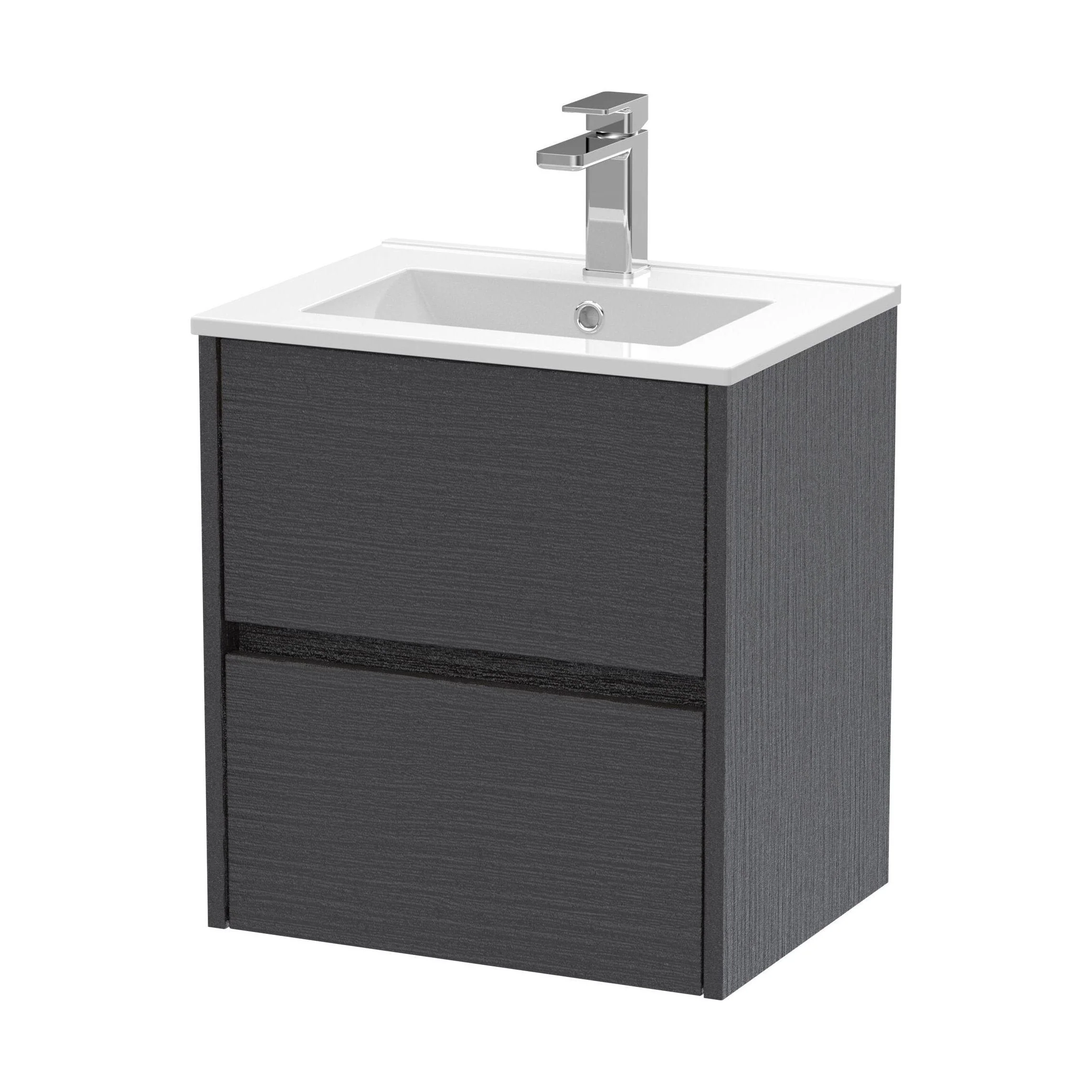 Chartley Contemporary 2 Drawer Wall Hung Vanity Unit with Minimalist Basin, Graphite Grey Woodgrain, 500mm