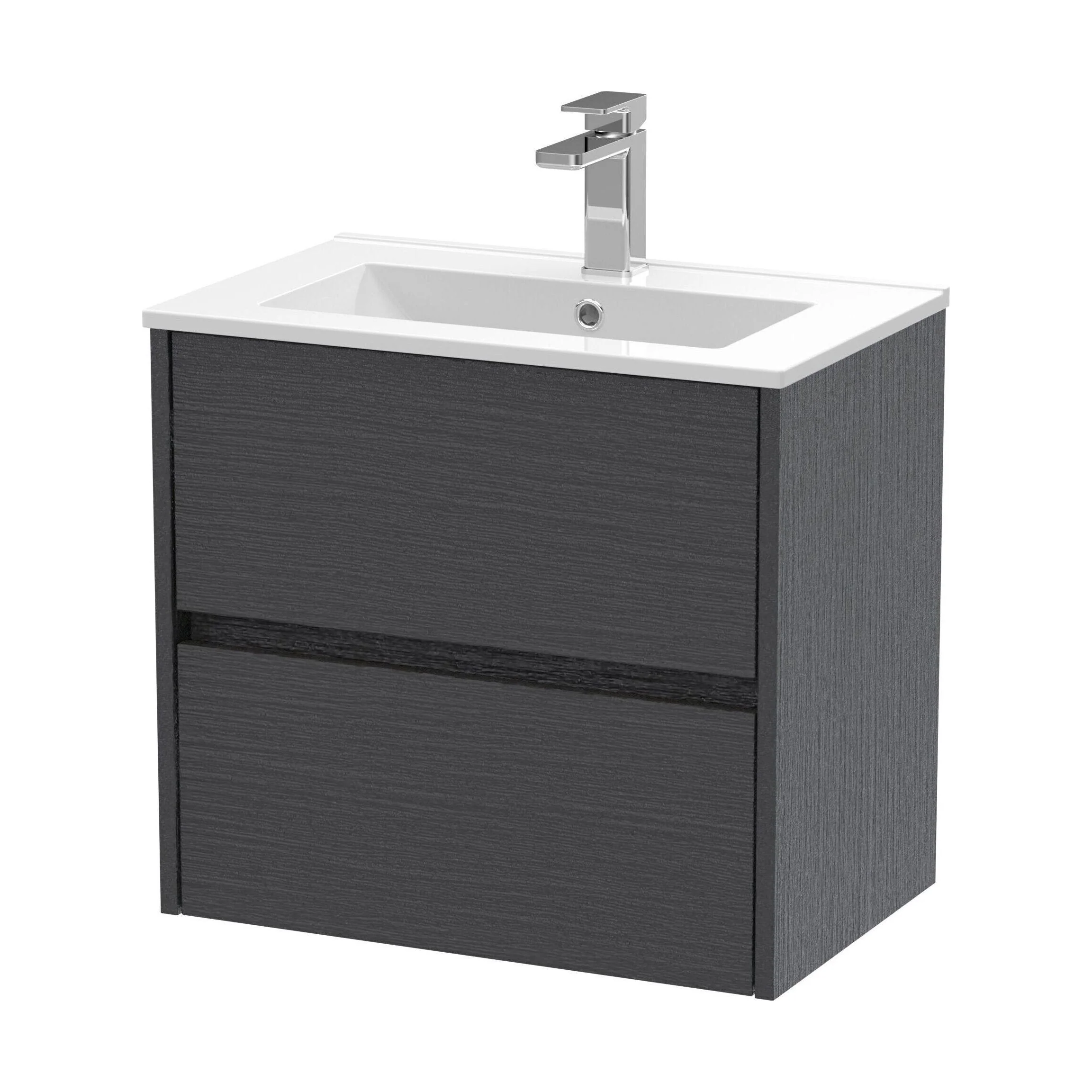 Chartley Contemporary 2 Drawer Wall Hung Vanity Unit with Minimalist Basin, Graphite Grey Woodgrain, 600mm
