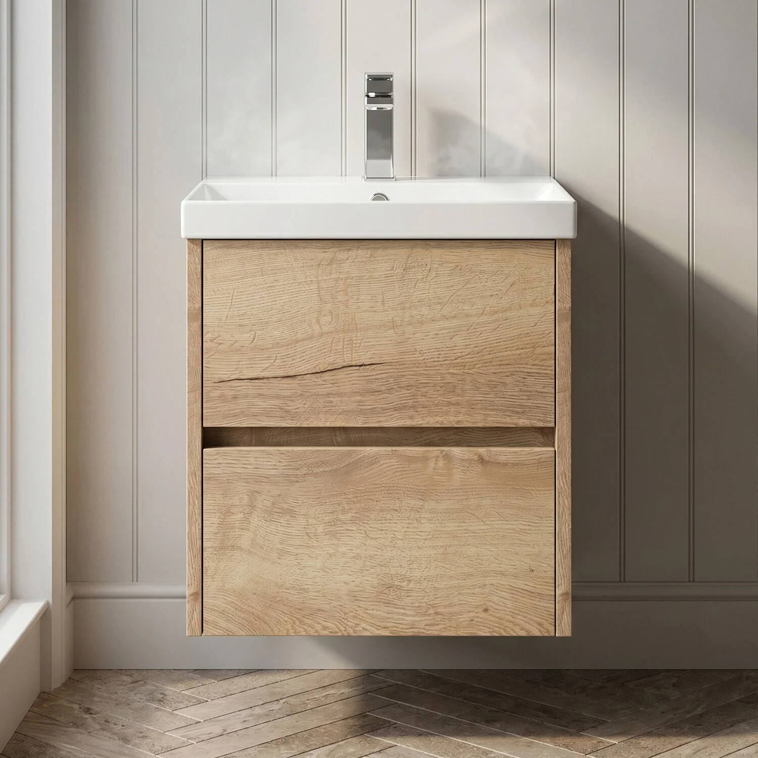 Chartley Contemporary 2 Drawer Wall Hung Vanity Unit with Thin Edge Basin, Autumn Oak, 500mm
