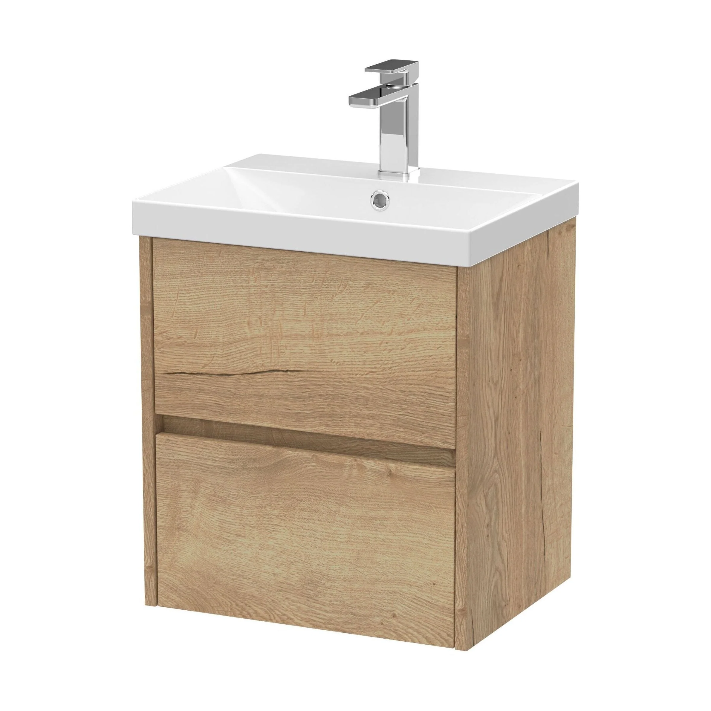 Chartley Contemporary 2 Drawer Wall Hung Vanity Unit with Thin Edge Basin, Autumn Oak, 500mm - Image 2