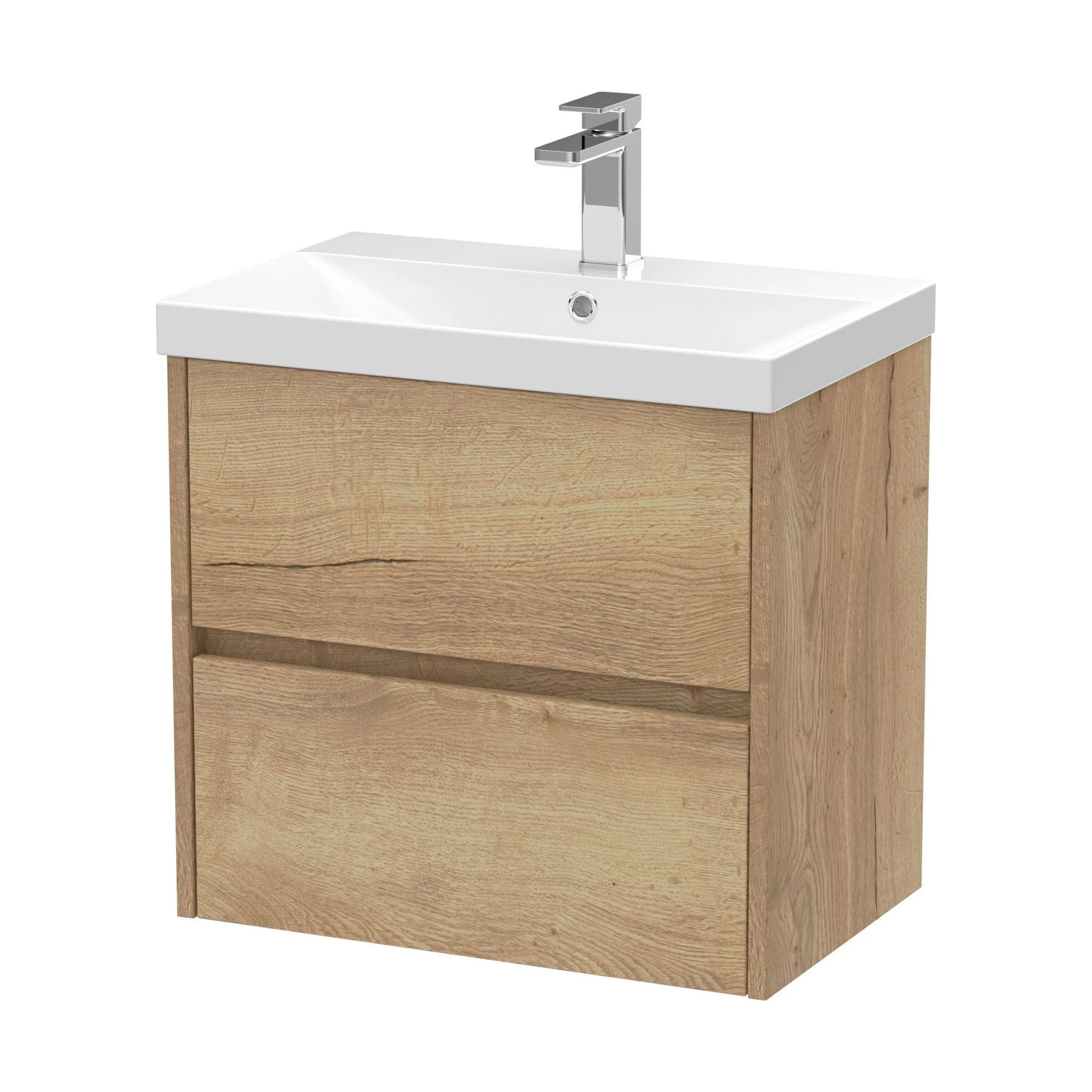 Chartley Contemporary 2 Drawer Wall Hung Vanity Unit with Thin Edge Basin, Autumn Oak, 600mm