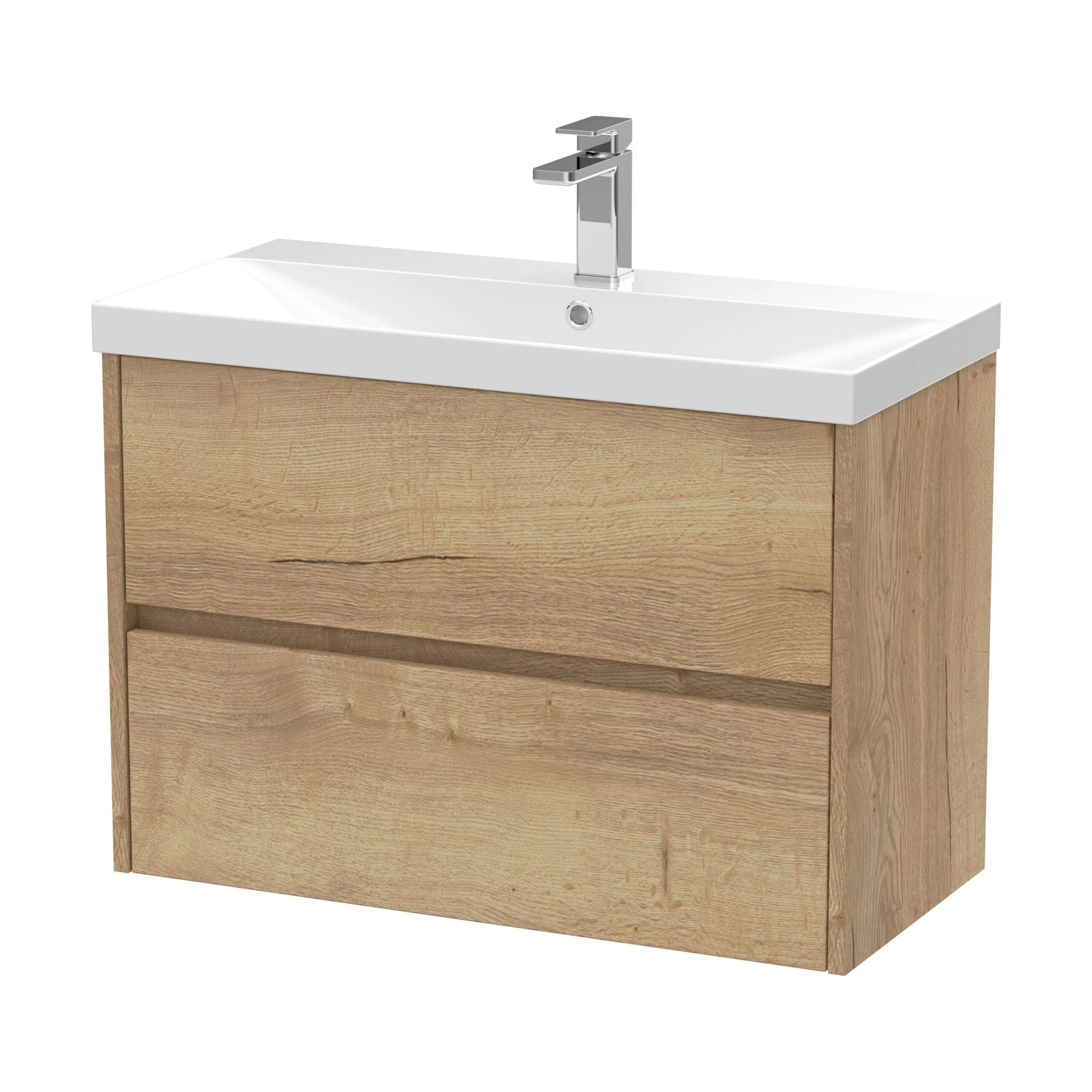 Chartley Contemporary 2 Drawer Wall Hung Vanity Unit with Thin Edge Basin, Autumn Oak, 800mm - Image 2