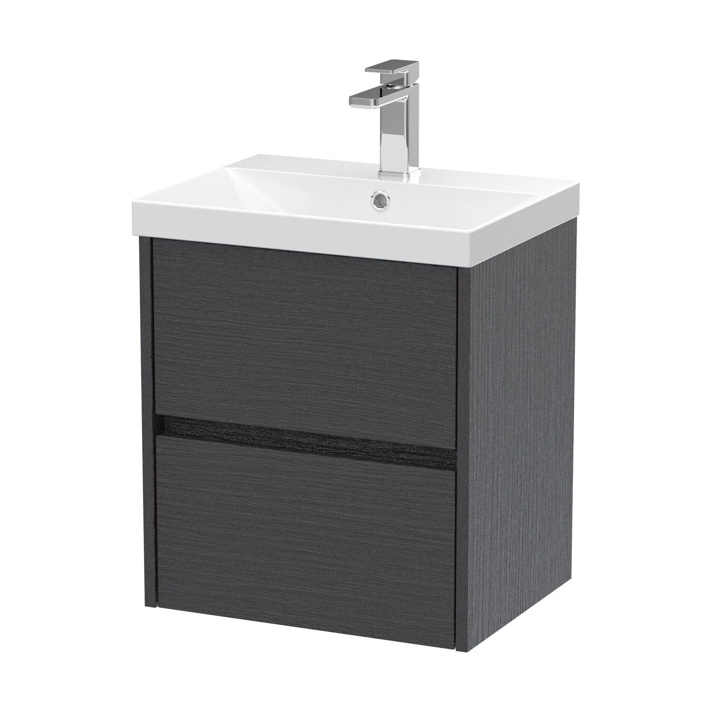 Chartley Contemporary 2 Drawer Wall Hung Vanity Unit with Thin Edge Basin, Graphite Grey Woodgrain, 500mm