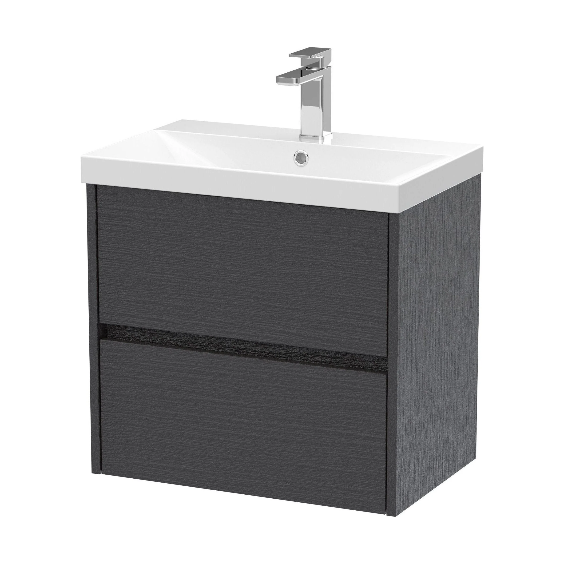 Chartley Contemporary 2 Drawer Wall Hung Vanity Unit with Thin Edge Basin, Graphite Grey Woodgrain, 600mm