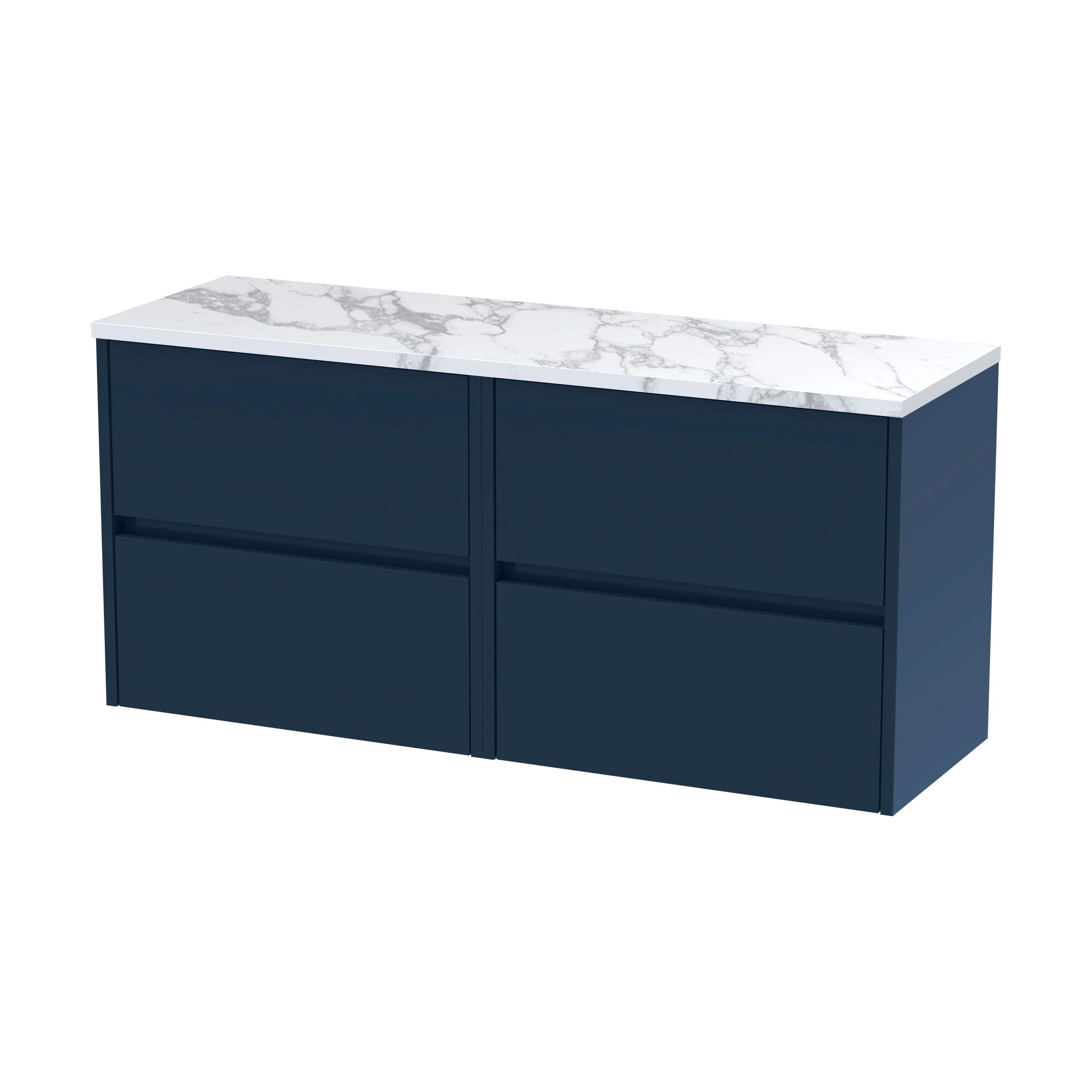 Chartley Contemporary 4 Drawer Handleless Wall Hung Vanity Unit with Laminate Worktop, Midnight Blue, 1200mm