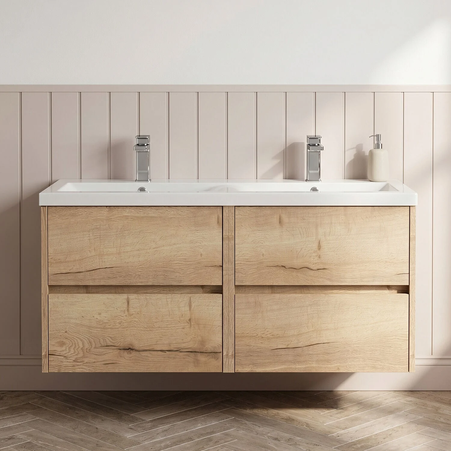 Chartley Contemporary 4 Drawer Wall Hung Vanity Unit with Double Basin, Autumn Oak, 1200mm
