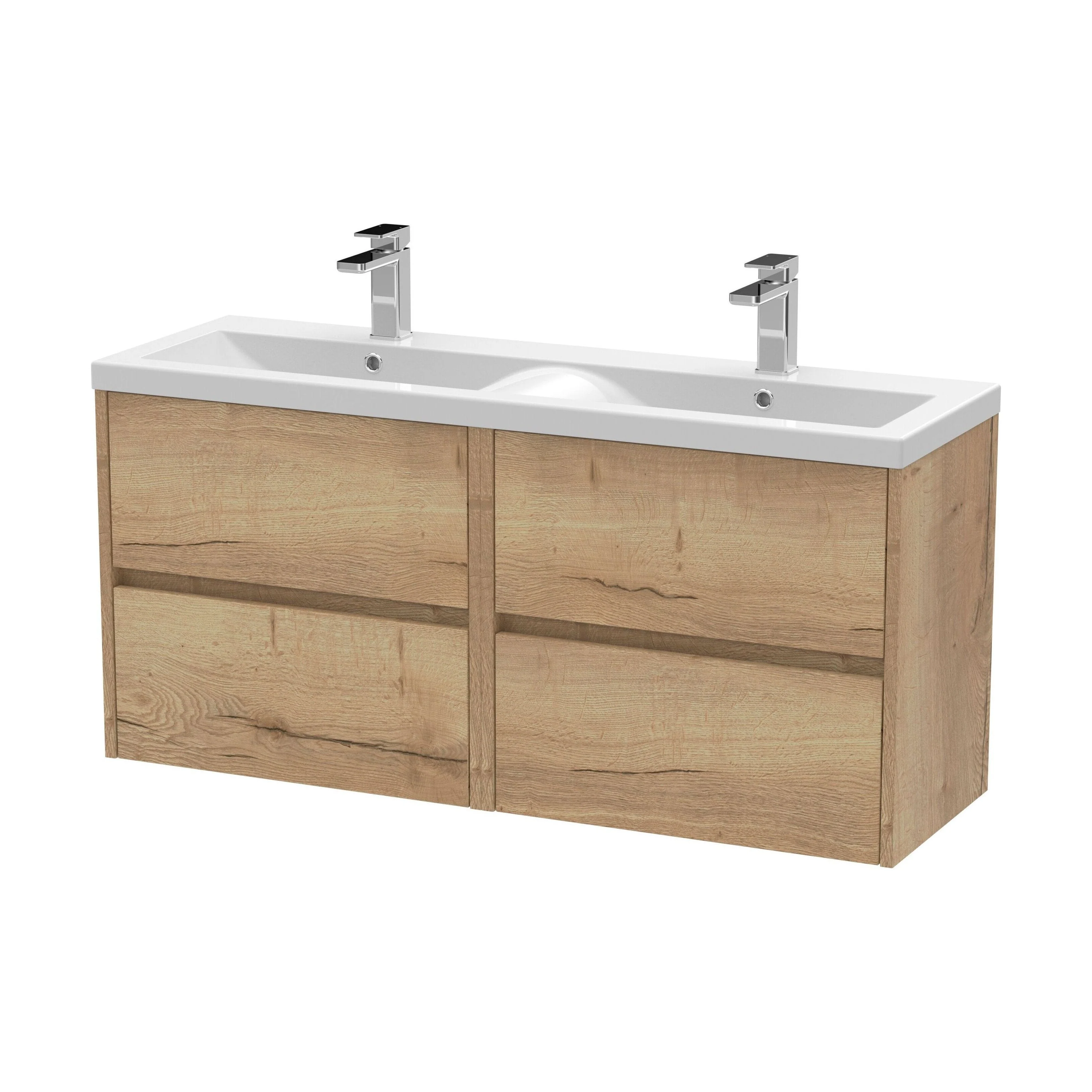 Chartley Contemporary 4 Drawer Wall Hung Vanity Unit with Double Basin, Autumn Oak, 1200mm - Image 2