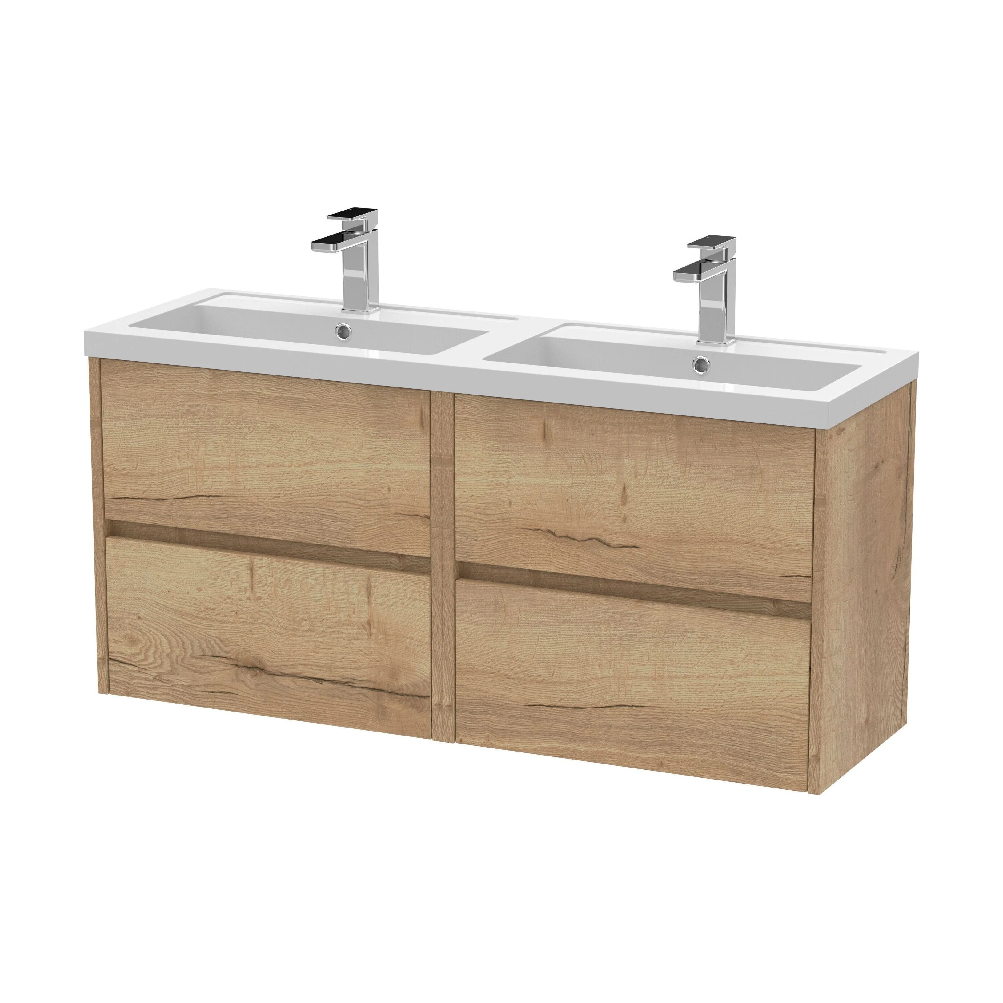 Chartley Contemporary 4 Drawer Wall Hung Vanity Unit with Double Basin, Autumn Oak, 1200mm