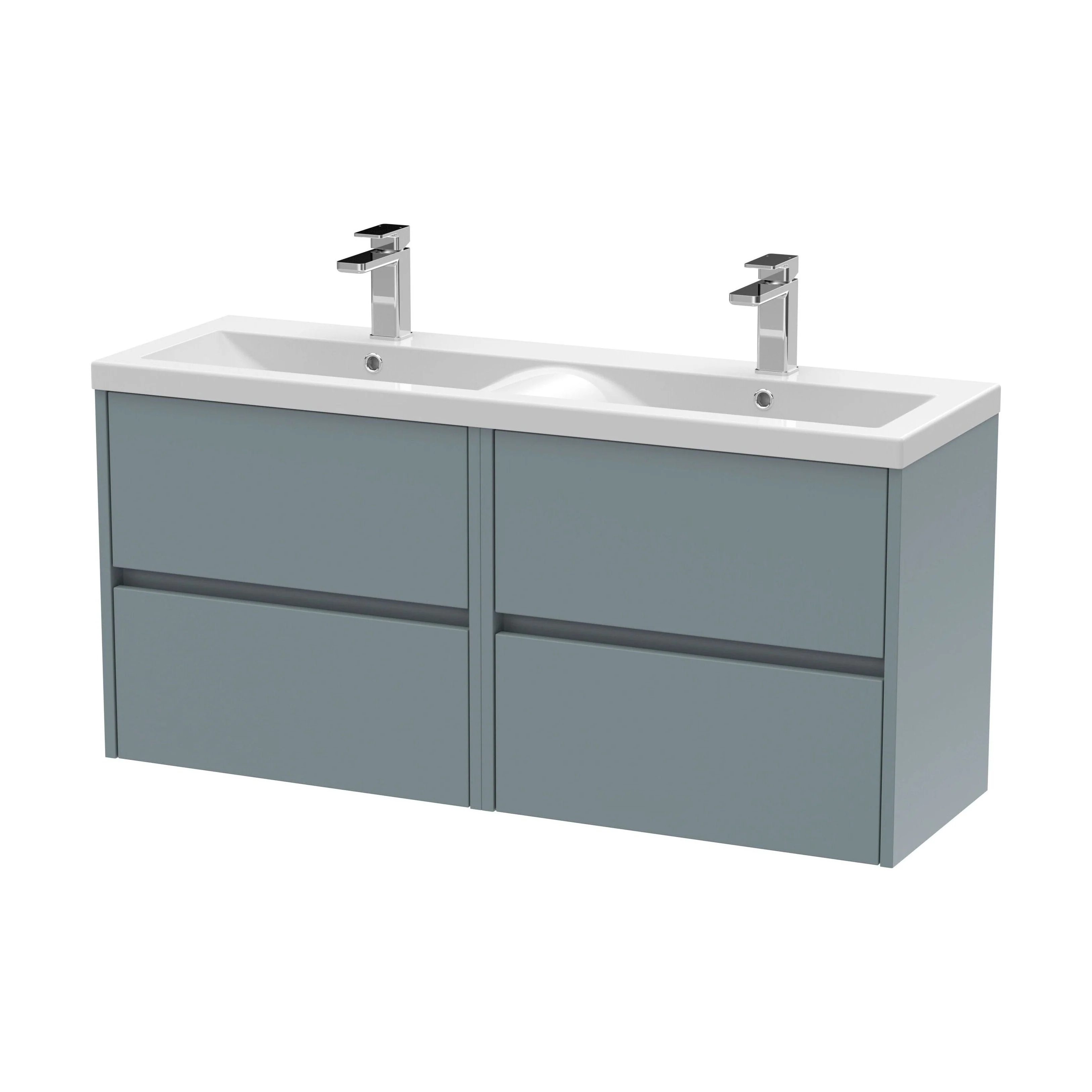 Chartley Contemporary 4 Drawer Wall Hung Vanity Unit with Double Basin, Coastal Grey, 1200mm