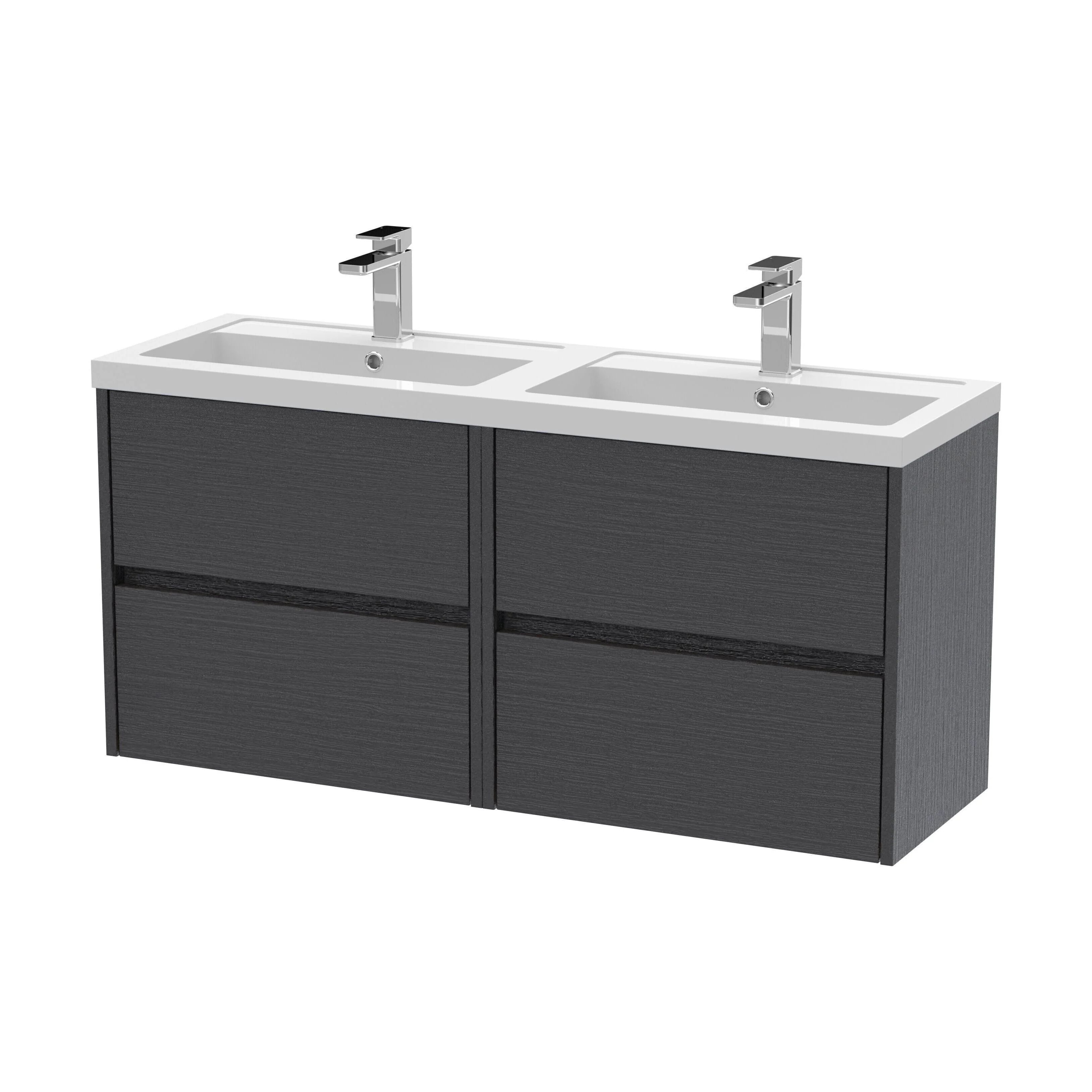 Chartley Contemporary 4 Drawer Wall Hung Vanity Unit with Double Basin, Graphite Grey Woodgrain, 1200mm