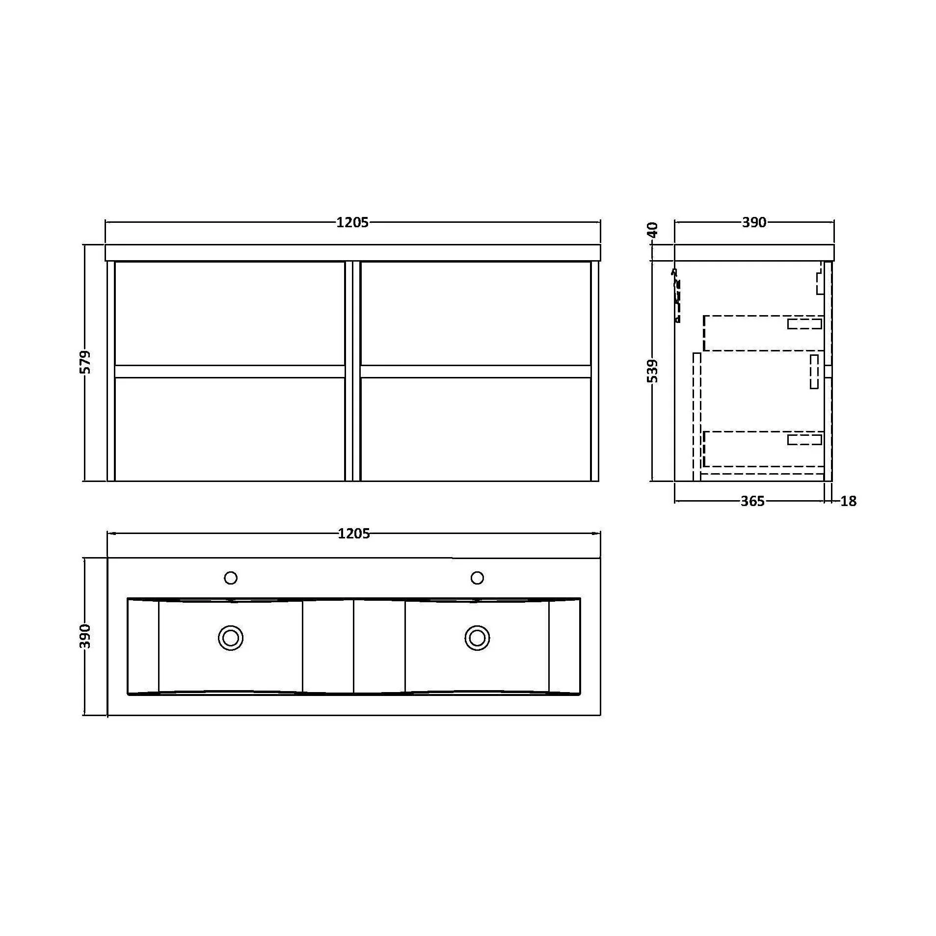 Chartley Contemporary 4 Drawer Wall Hung Vanity Unit with Double Basin, Midnight Blue, 1200mm - Image 2