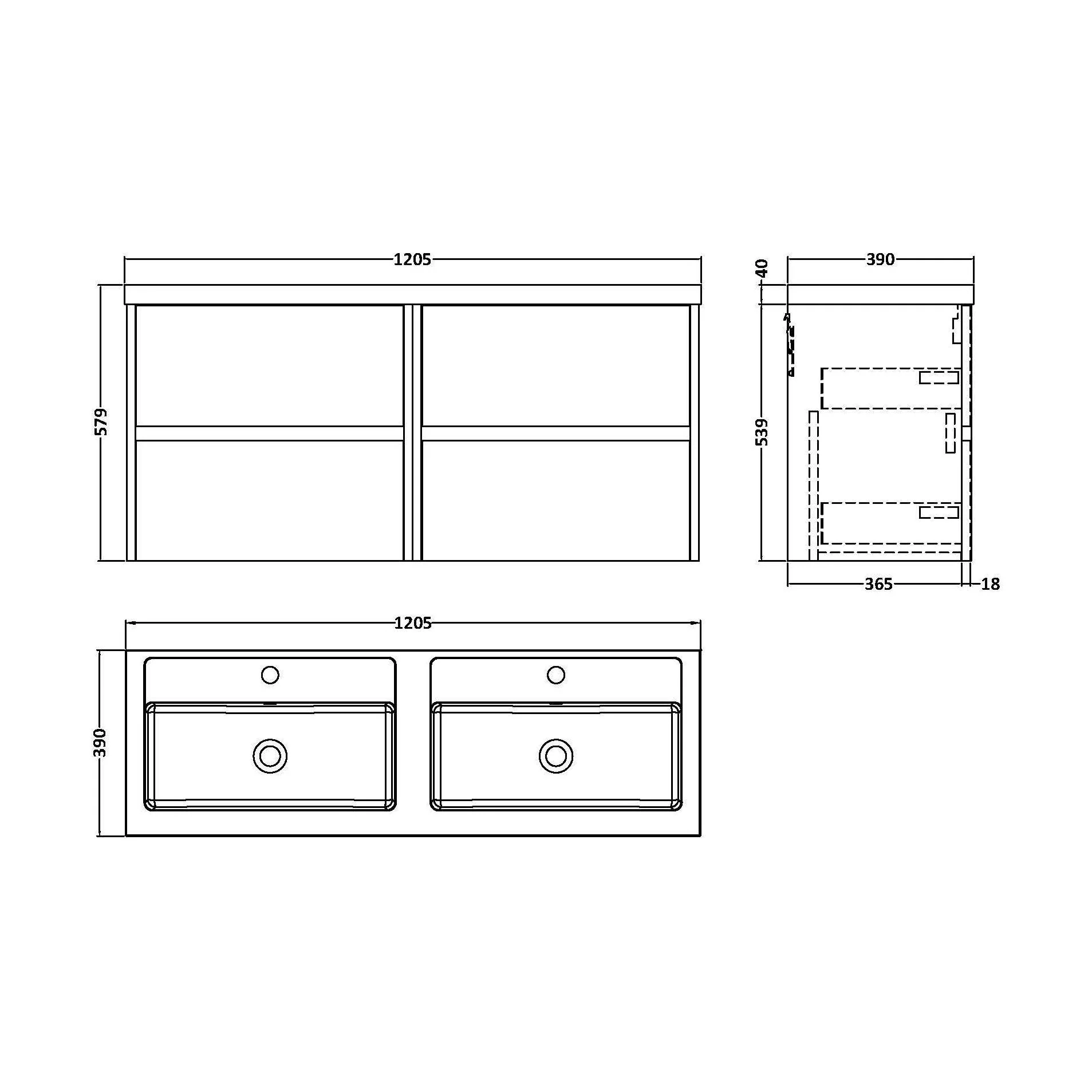 Chartley Contemporary 4 Drawer Wall Hung Vanity Unit with Double Basin, Midnight Blue, 1200mm - Image 2