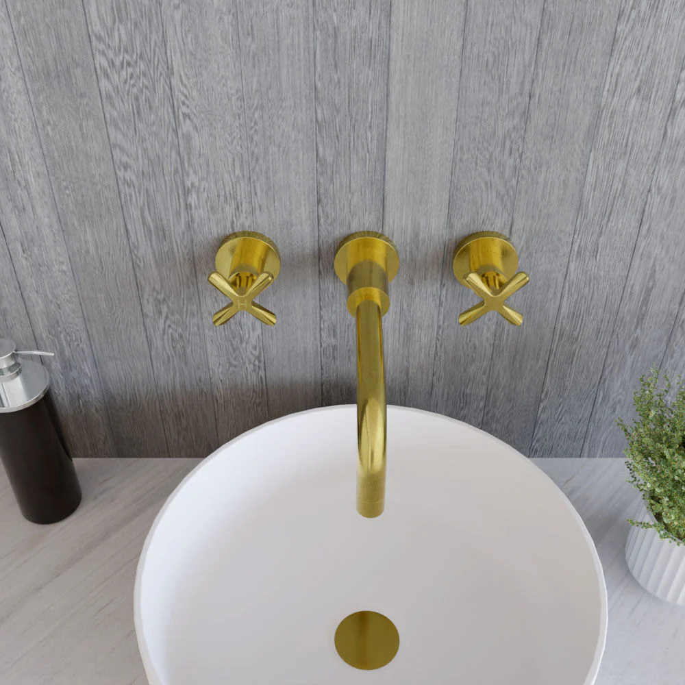 Levedale Wall Mount 3 Tap Hole Basin Mixer Tap with Crosshead Handles - Choice of Finish - Image 11