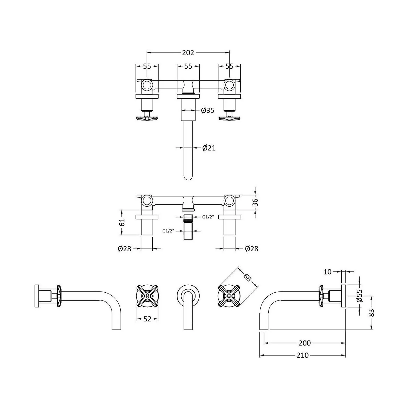 Levedale Wall Mount 3 Tap Hole Basin Mixer Tap with Crosshead Handles - Choice of Finish - Image 15