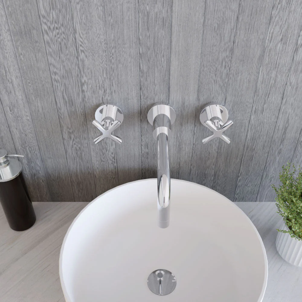Levedale Wall Mount 3 Tap Hole Basin Mixer Tap with Crosshead Handles - Choice of Finish - Image 5