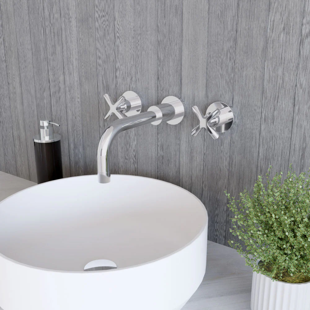 Levedale Wall Mount 3 Tap Hole Basin Mixer Tap with Crosshead Handles - Choice of Finish - Image 6